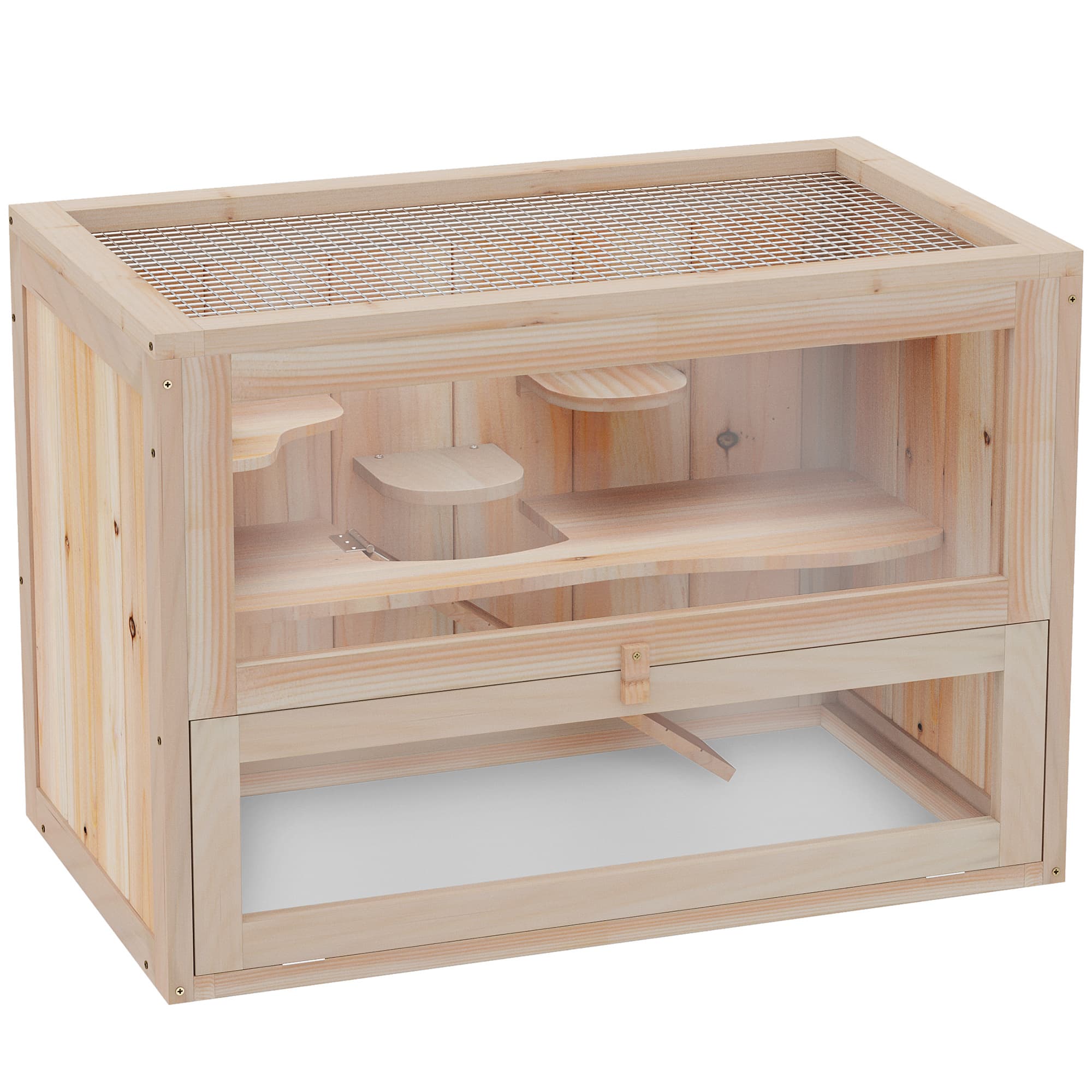 PawHut Cage pour hamsters souris petits rongeurs multi-équipements rampe plateformes toit ouvrant grillagé porte bois de sapin plexiglas