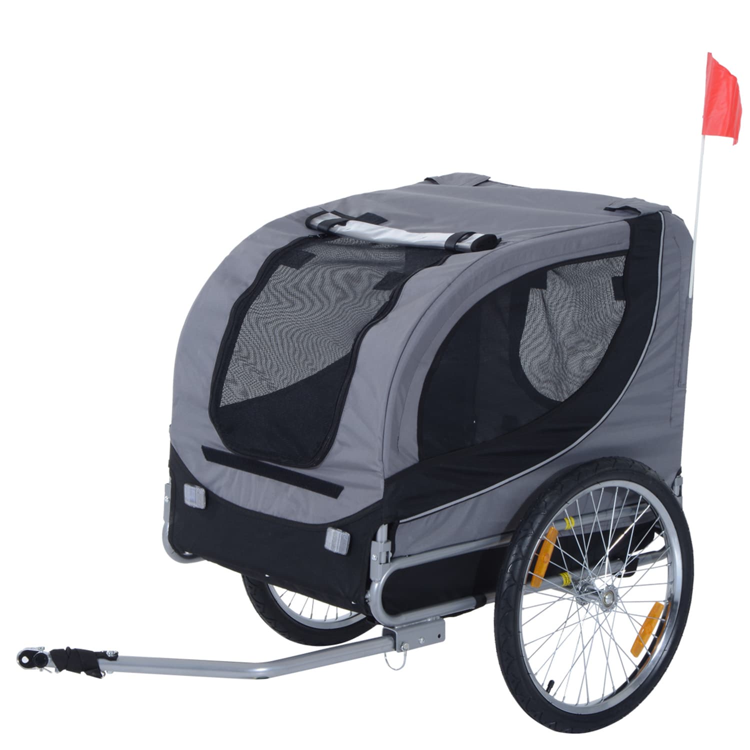 HOMCOM Remorque velo pour chien animaux avec drapeau et 8 reflecteurs gris et noir