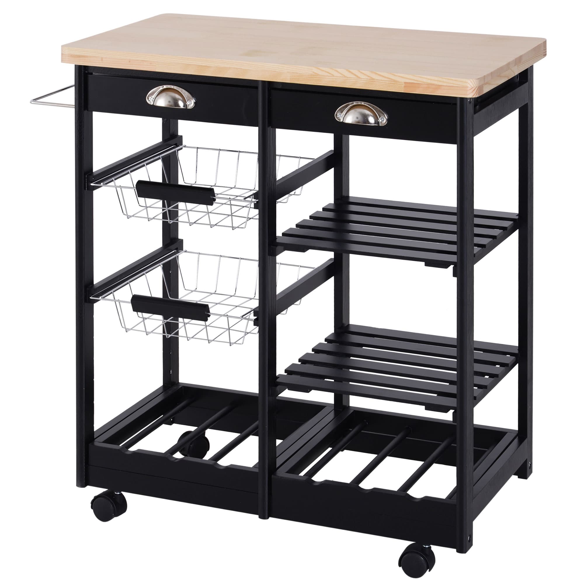 HOMCOM Chariot de service desserte de cuisine à roulettes multi-rangements 74L x 37l x 76H cm plateau bois massif pin châssis MDF noir