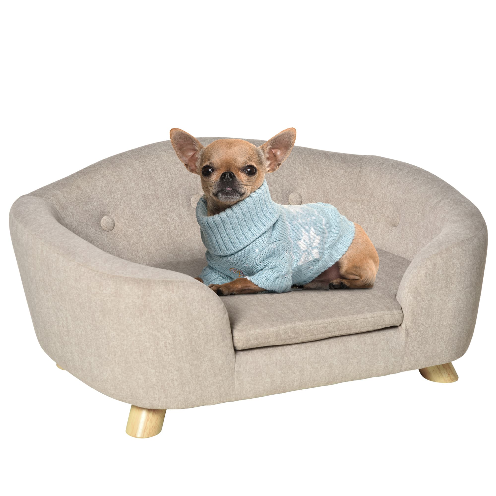 PawHut Canapé lit panier chien chat sur pied design contemporain coussin moelleux amovible pieds bois massif dim. 70L x 47l x 30H cm crème