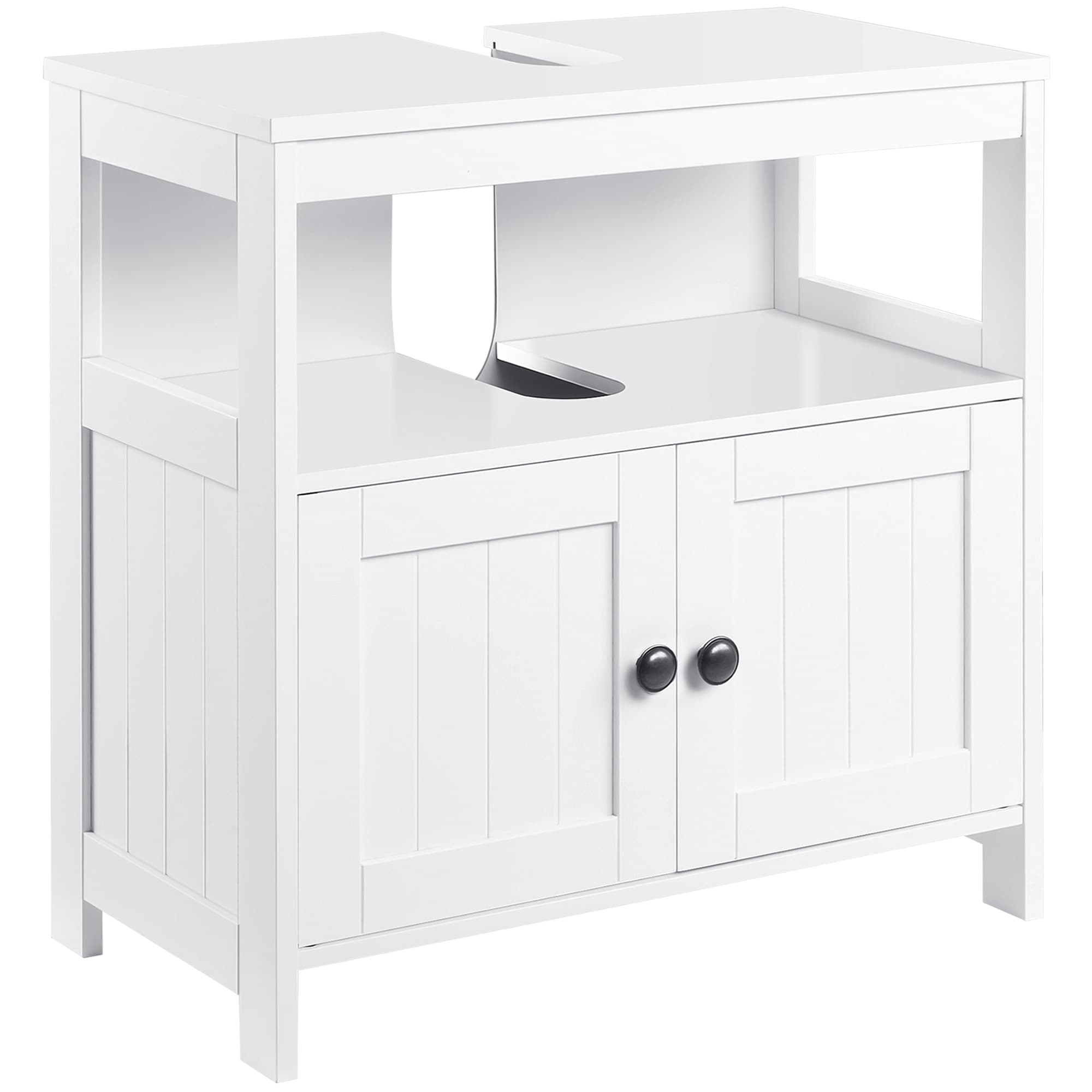 kleankin Meuble sous lavabo - meuble de salle de bain - 2 portes rainurées avec étagère ouverte - poignées alliage alu. 60 x 30 x 60 cm MDF blanc