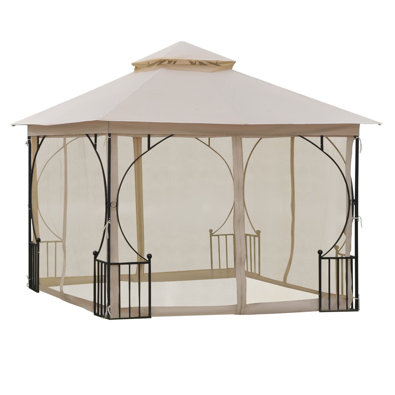 Outsunny Tonnelle Barnum Pavillon de Jardin Tente de Réception Style Colonial Double Toit 4 Moustiquaires Amovibles Imperméabilisé Beige Noir