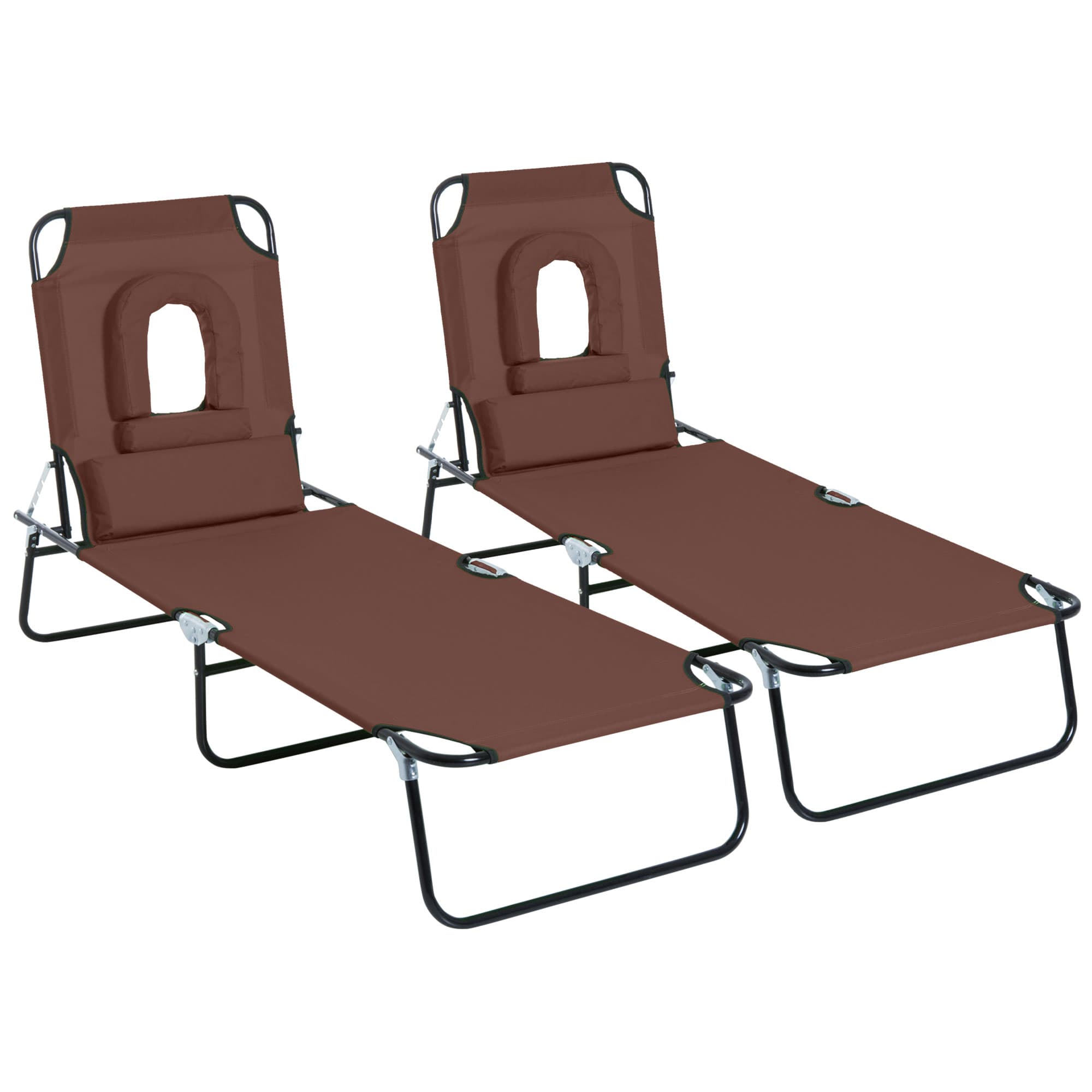 Outsunny Lot de 2 Bains de Soleil Pliable transat inclinable 4 Positions Chaise Longue de Lecture 3 Coussins fournis Marron