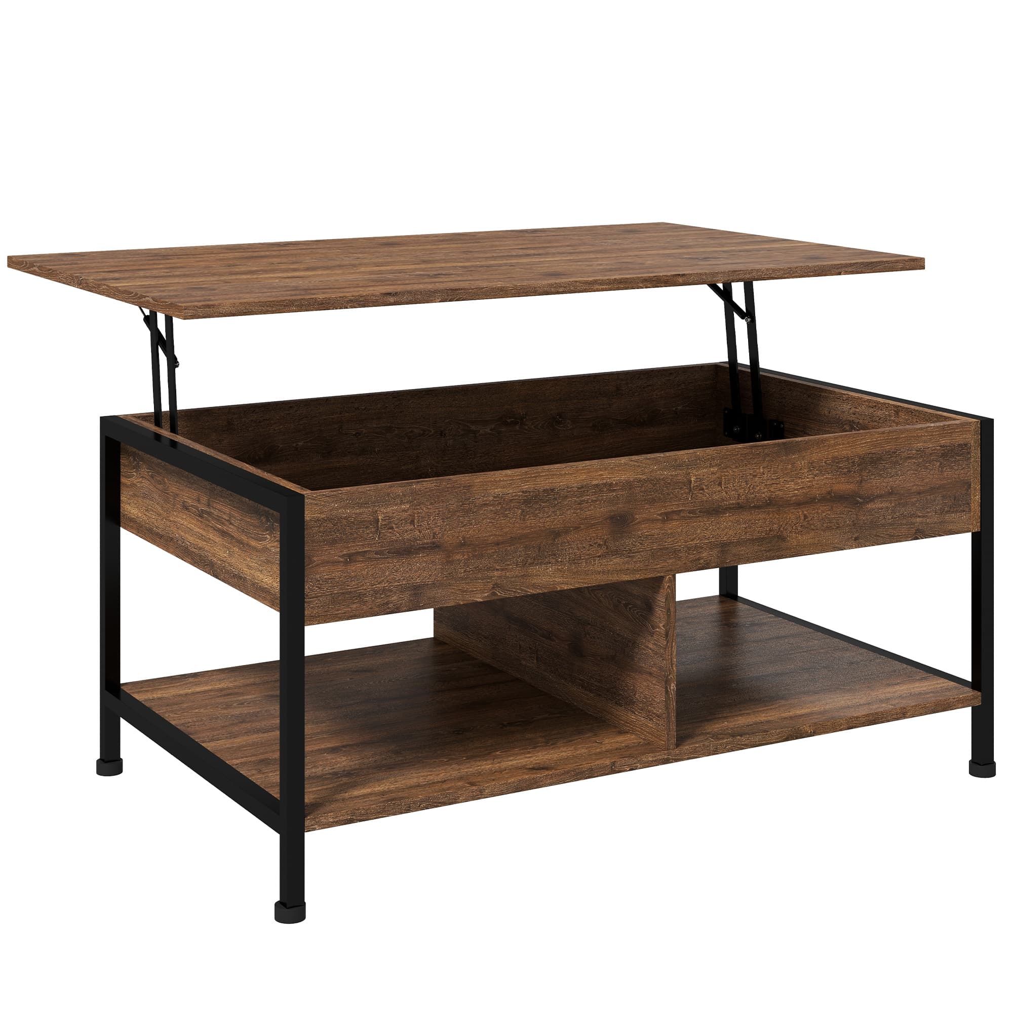 HOMCOM Table basse relevable table de salon compartiment caché 2 étagères inférieures 100 x 80 x 60 cm marron rustique noir Aosom France