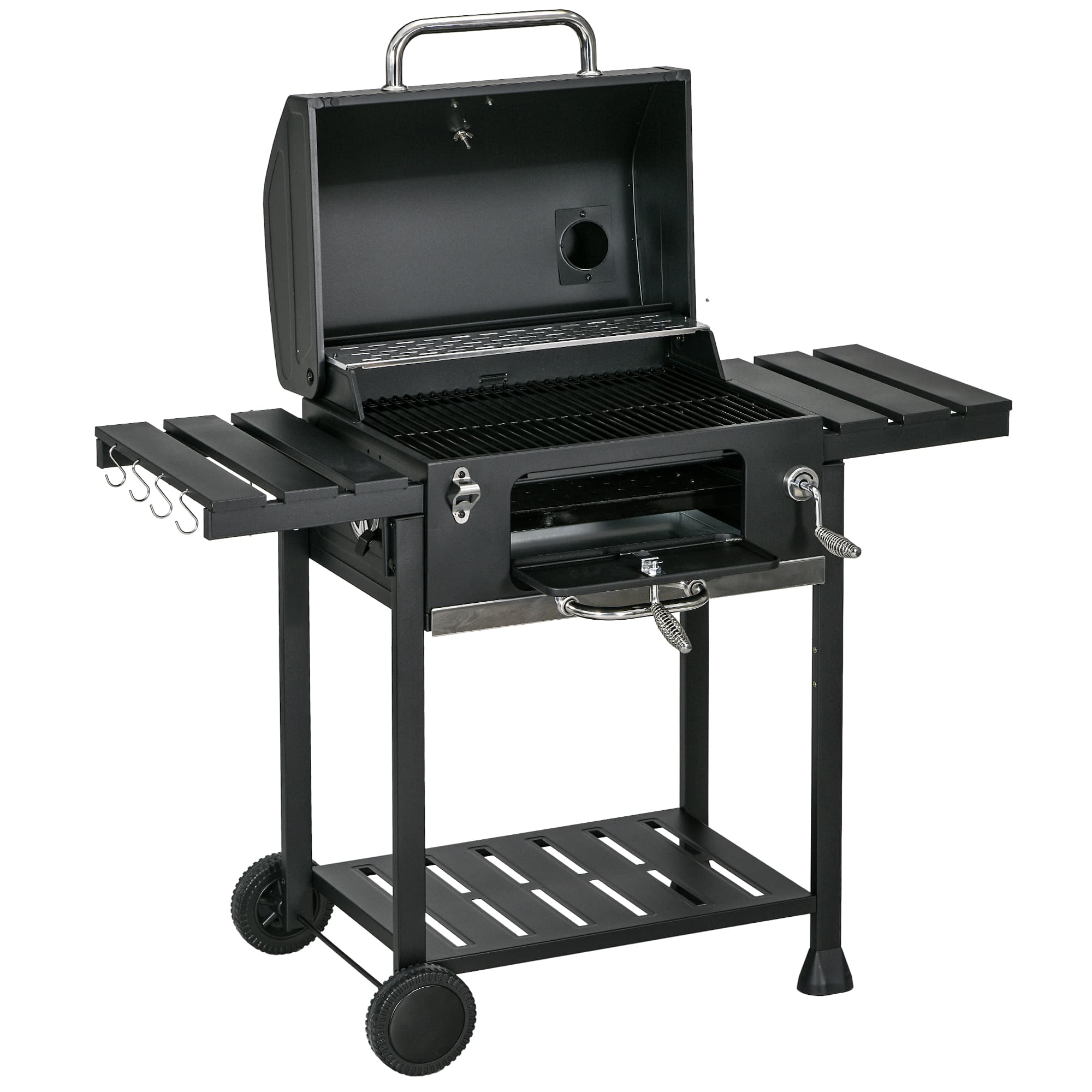 Outsunny Barbecue au charbon de bois bac à charbon réglable, couvercle, thermomètre, tablettes, à roulettes, en acier inoxydable
