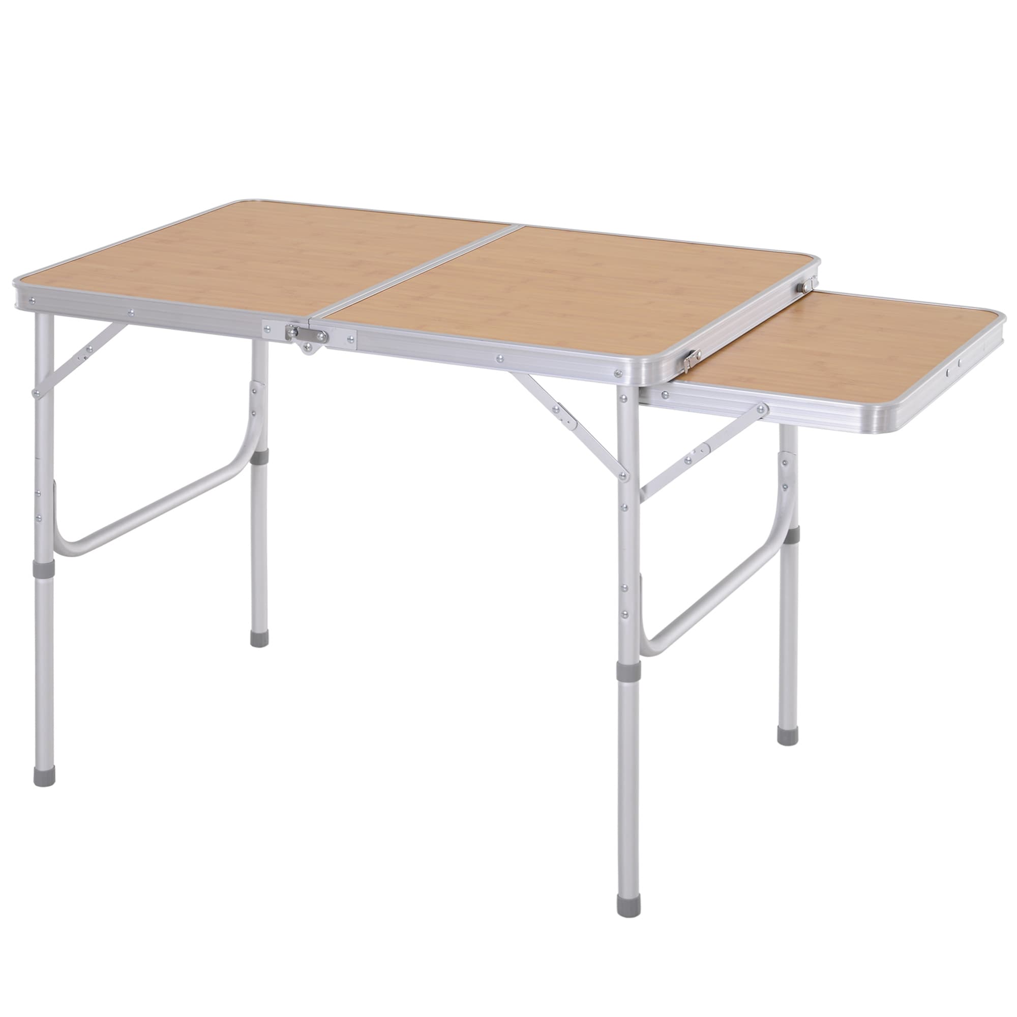 Outsunny Table de camping pliable aluminium table pique niques portable hauteur réglable plateau latéral extensible MDF dim. 90 x 60 x 70 cm bambou