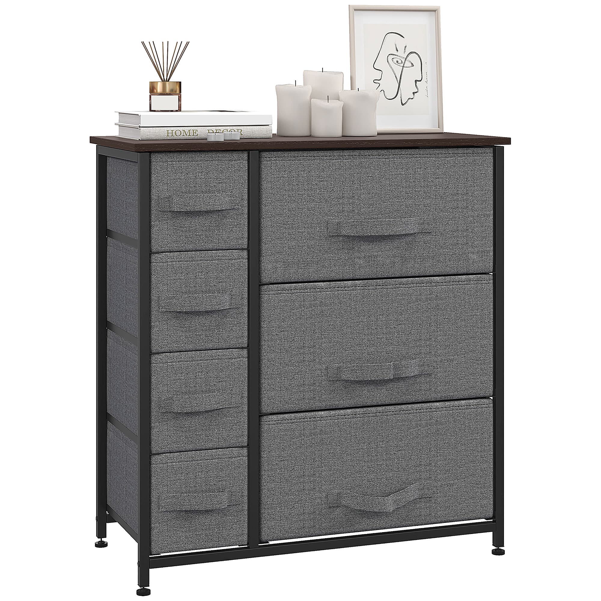 HOMCOM Commode Élégante 7 Tiroirs Tissu Non-Tissé Métal MDF Gris 64x30x71cm Aosom France