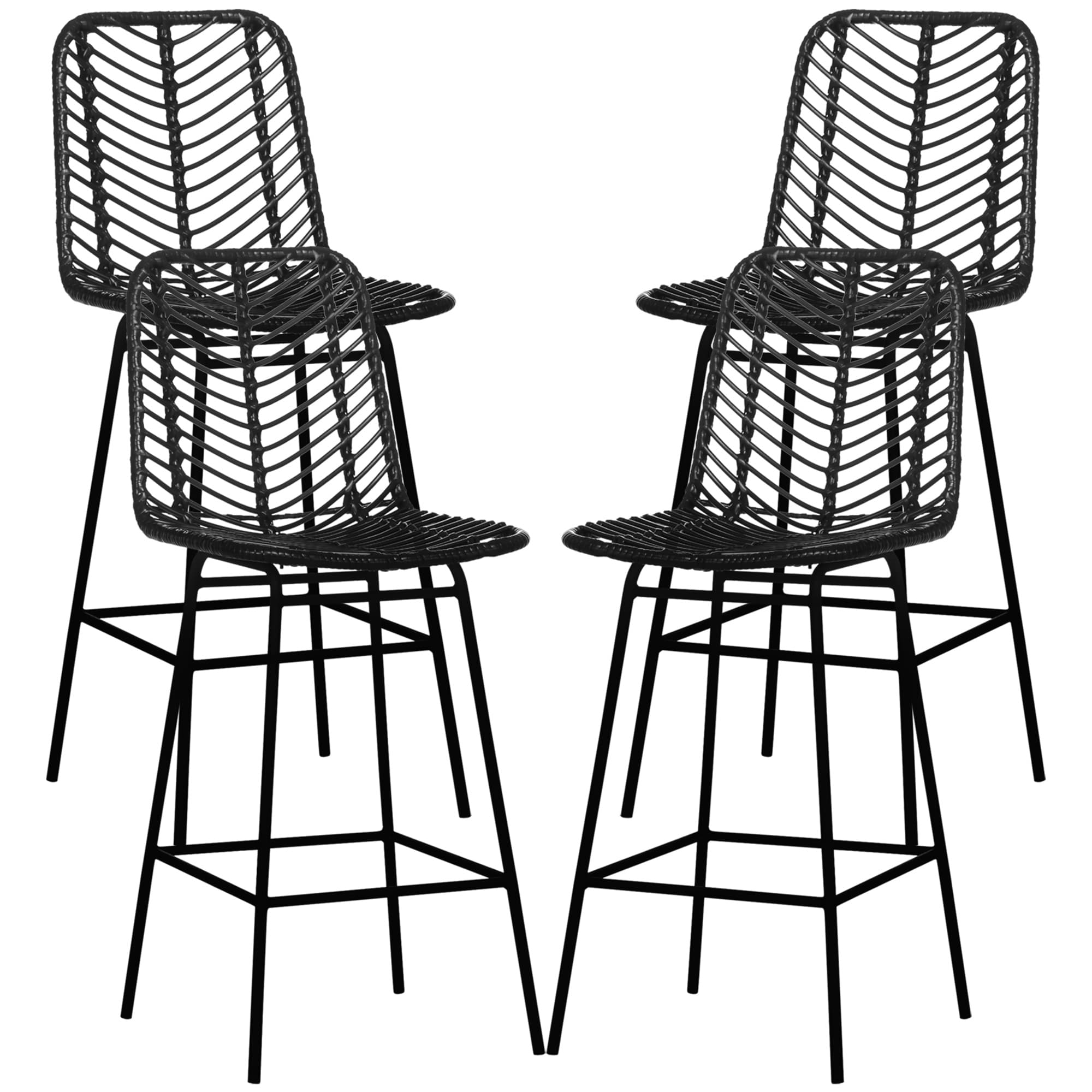 HOMCOM Lot de 4 tabourets de bar design bohème hauteur 66 cm avec repose-pieds métal et rotin PE - noir