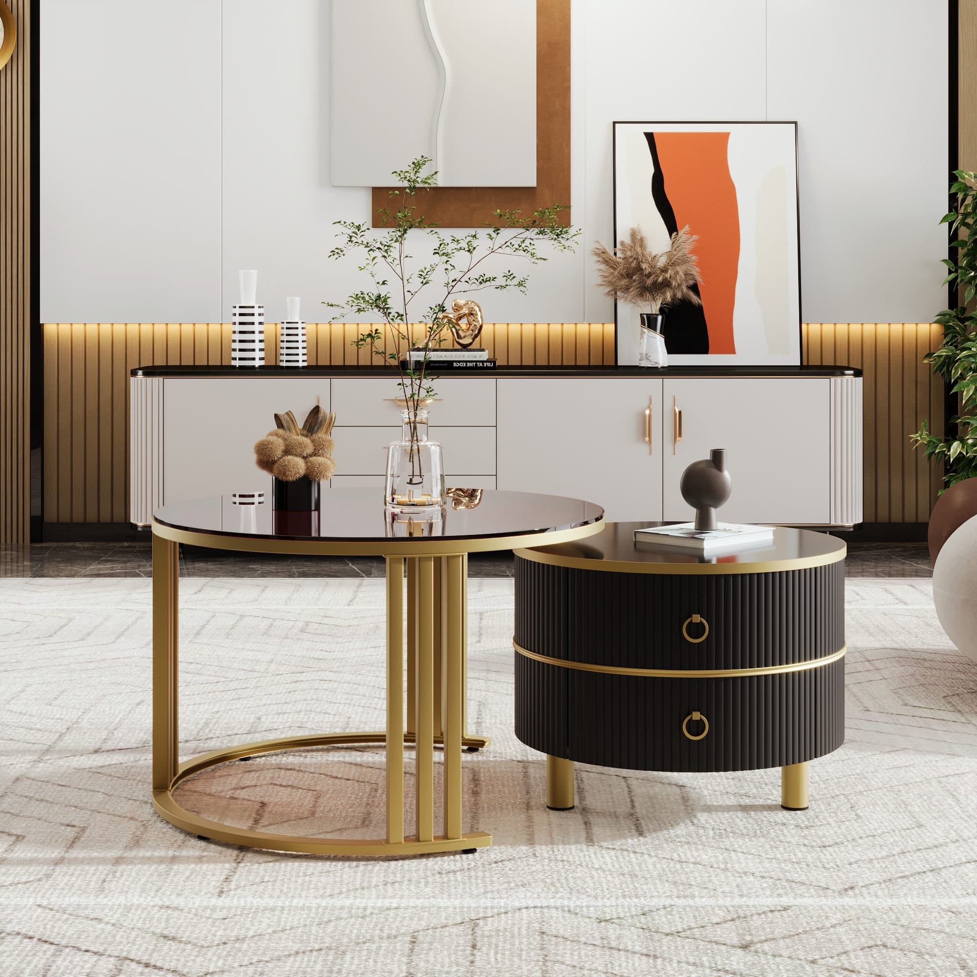 Table basse gigogne 2-en-1 en MDF avec plateau brillant et en verre trempé, combinaison pour salon avec 2 tiroirs, 70x70x45 + 50x50x40 cm, Noir