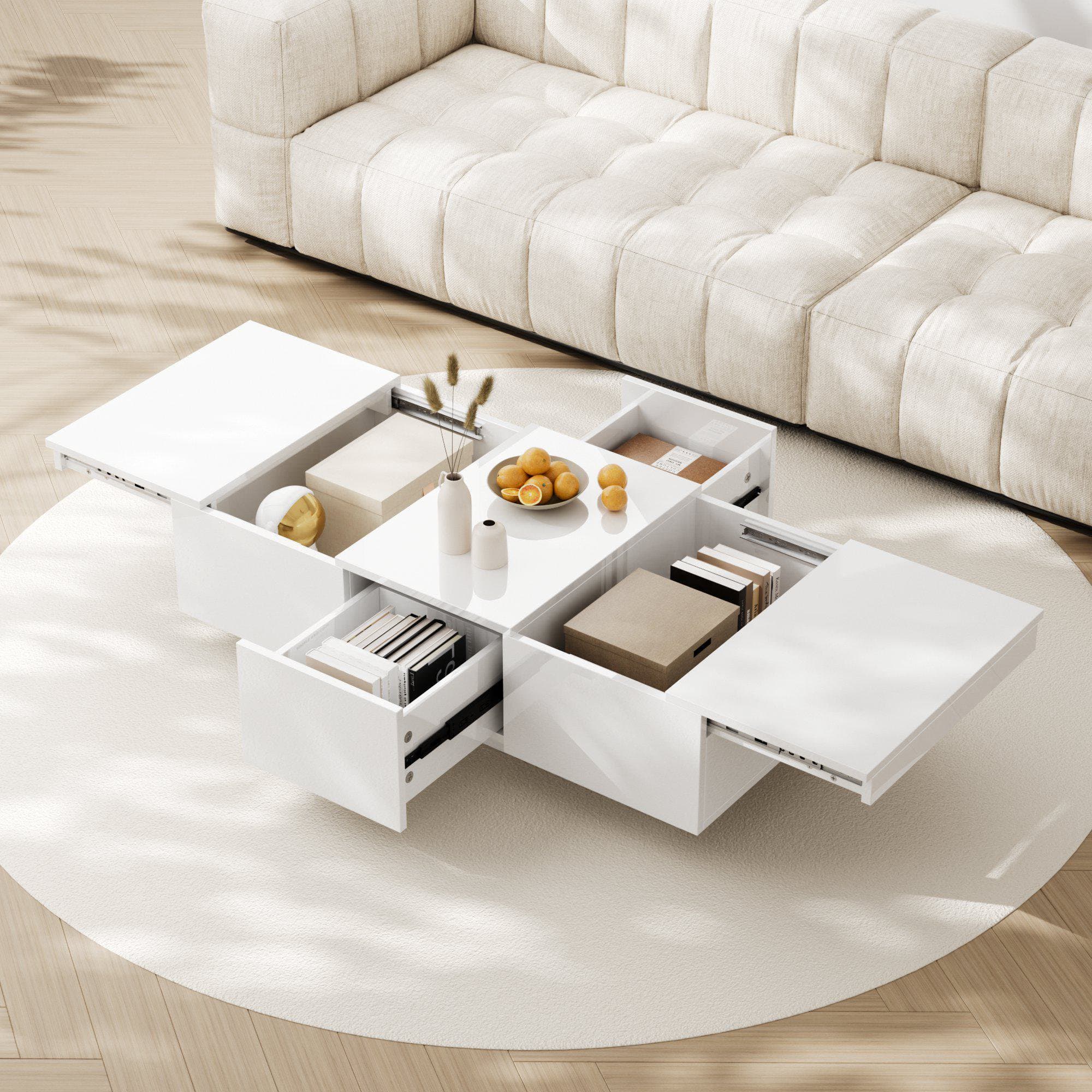 Table basse relevable Table basse design blanche Table de salon brillant avec structure de rangement pousser-tirer et double tiroir Aosom France