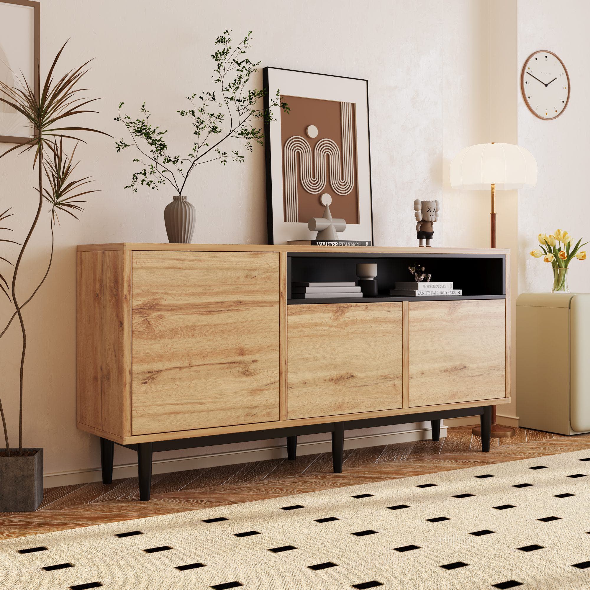 Crédence moderne en bois avec trois portes et étagères, design gain de place, 160x35x76 cm, Bois Naturel Aosom France