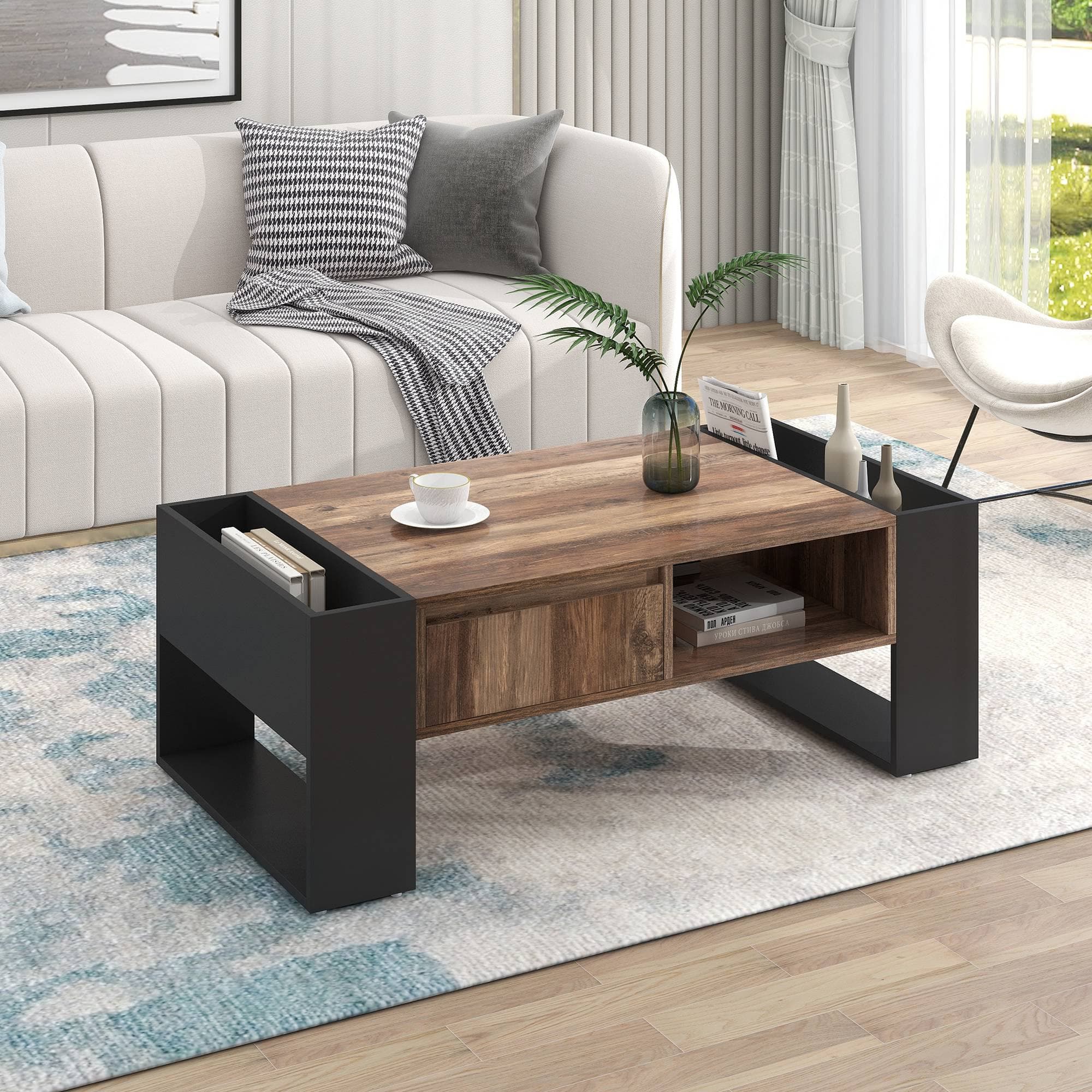 Table basse en bois, Table de salon avec tiroirs, Table basse design grands treillis de rangement des deux côtés, Noir+Naturel Aosom France
