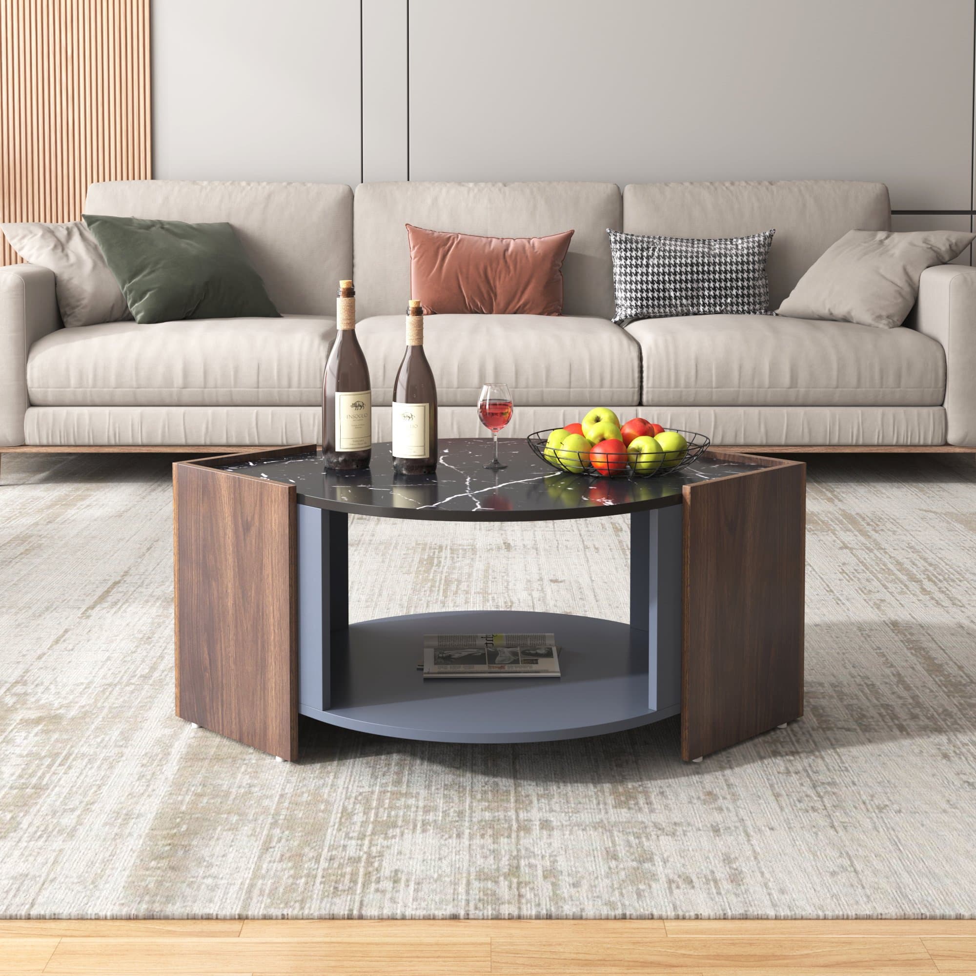 Table basse en marbre et noyer avec des lignes uniques, design élégant, en solde, Noir et bois