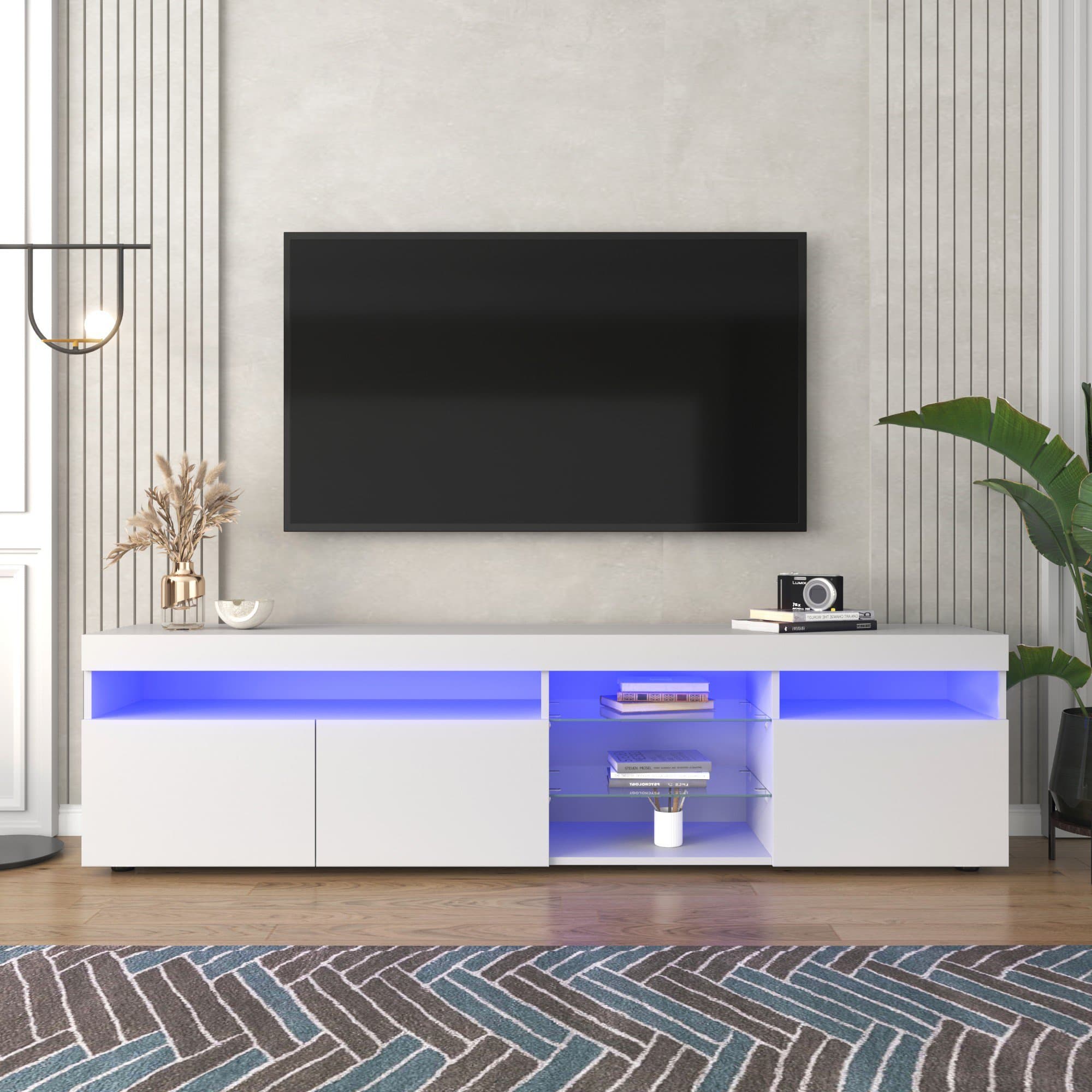 Meuble TV scandinave Meuble télé moderne avec éclairage LED variable, panneau lumineux, pour salon et salle à manger, Blanc Aosom France
