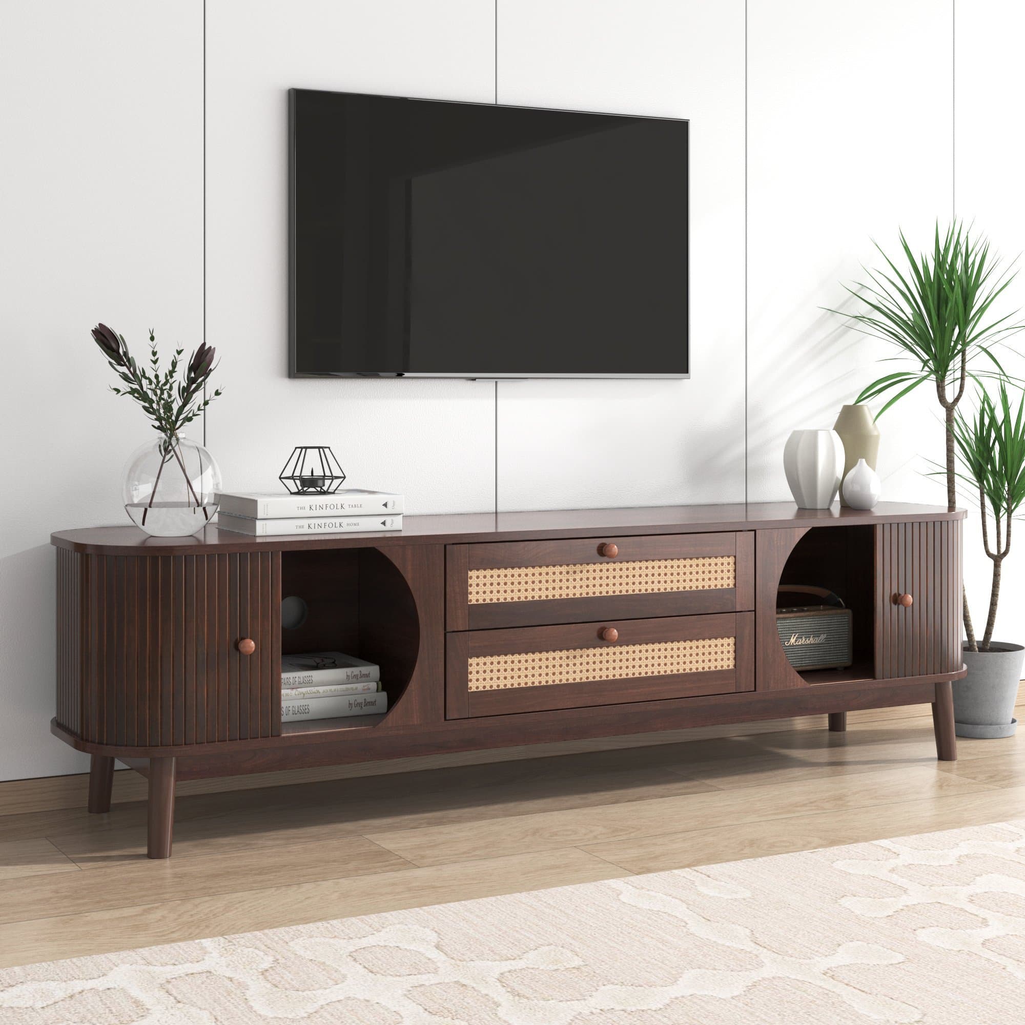 Meuble TV mobile en rotin avec portes et tiroirs, style rustique, Naturel