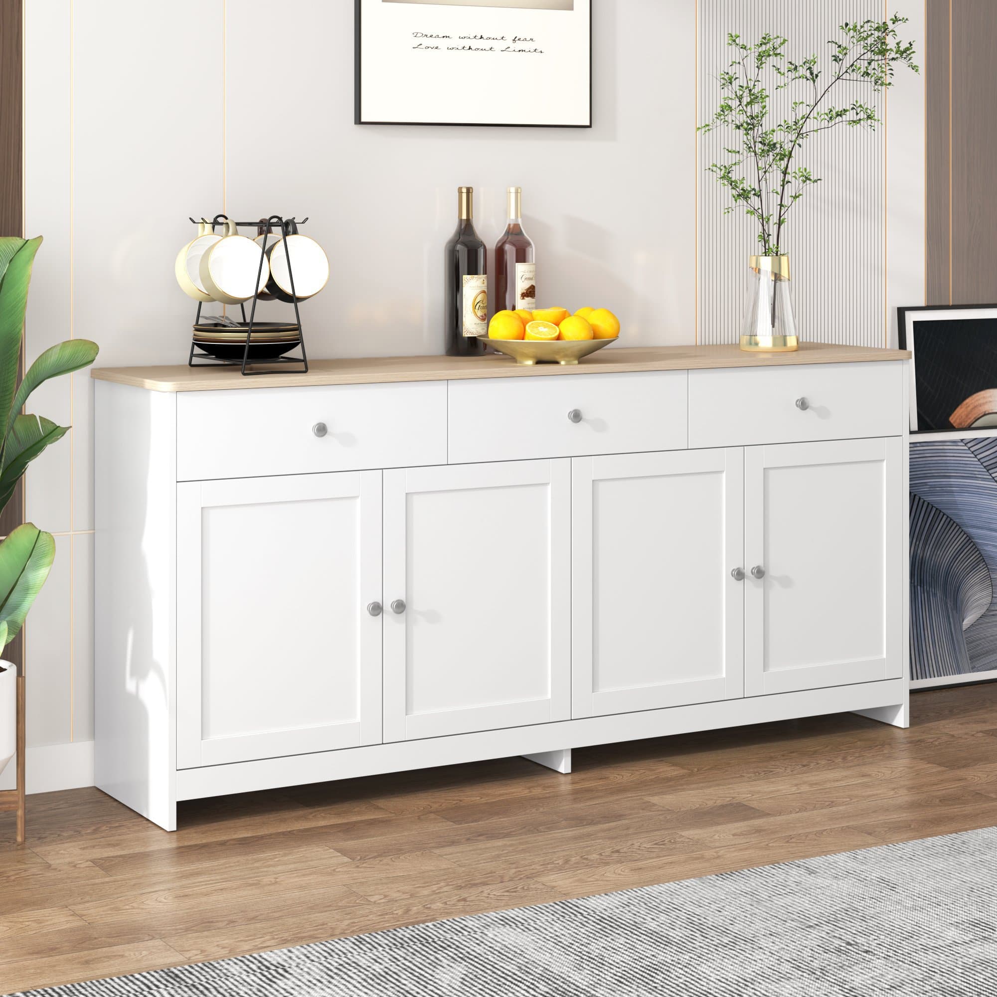 Crédence cuisine Buffet avec veinure de bois, quatre portes et trois tiroirs, style rustique, Blanc et couleur bois Aosom France