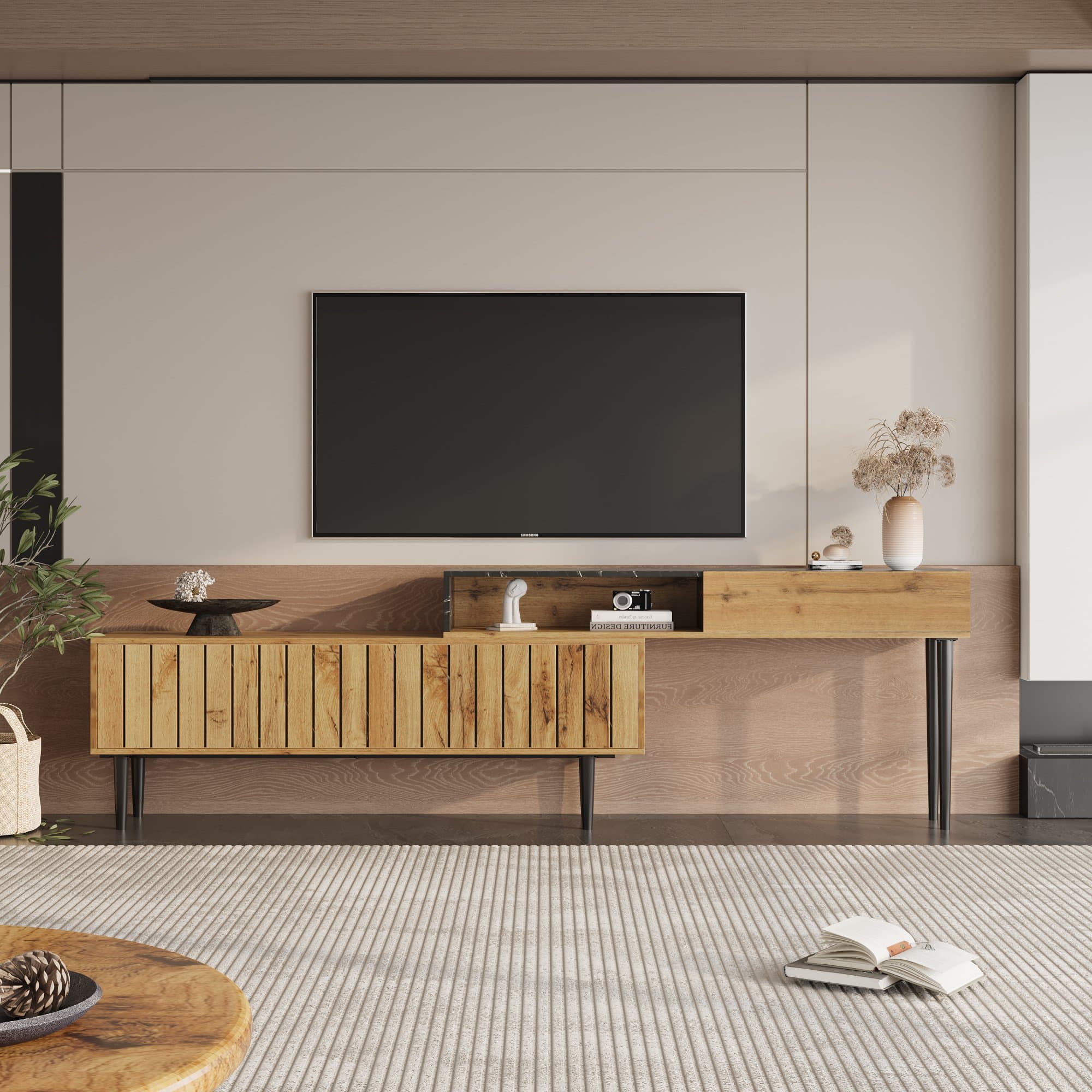 Meuble télé, Meuble tv bois mobile, Meuble tv design, Meuble télé industriel en marbre et veinure de bois, bordure en PVC, Bois Naturel Aosom France