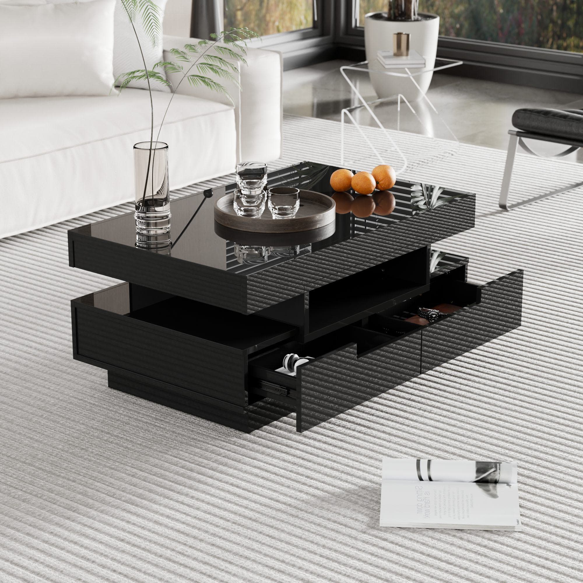 Table basse relevable Table de salon avec bande LED intégrée, Table basse design avec 4 tiroirs avant et arrière, Noir Aosom France
