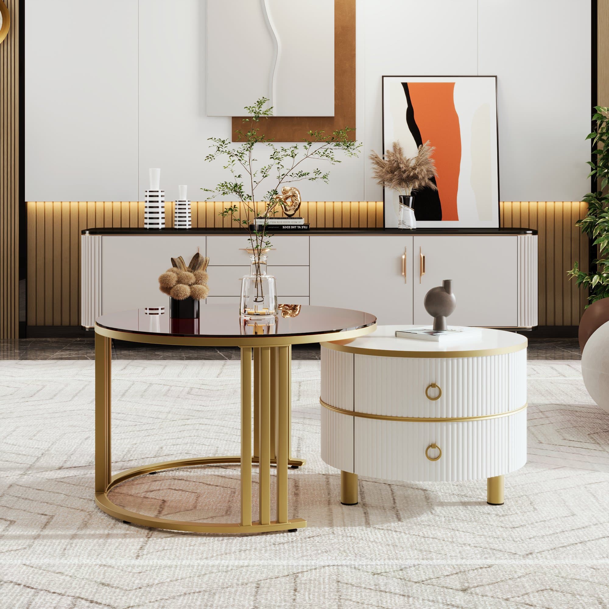 Table basse Table de salon Table gigogne 2-en-1 en MDF avec plateaux Table basse verre trempé et 2 tiroirs pour salon, Blanc Aosom France