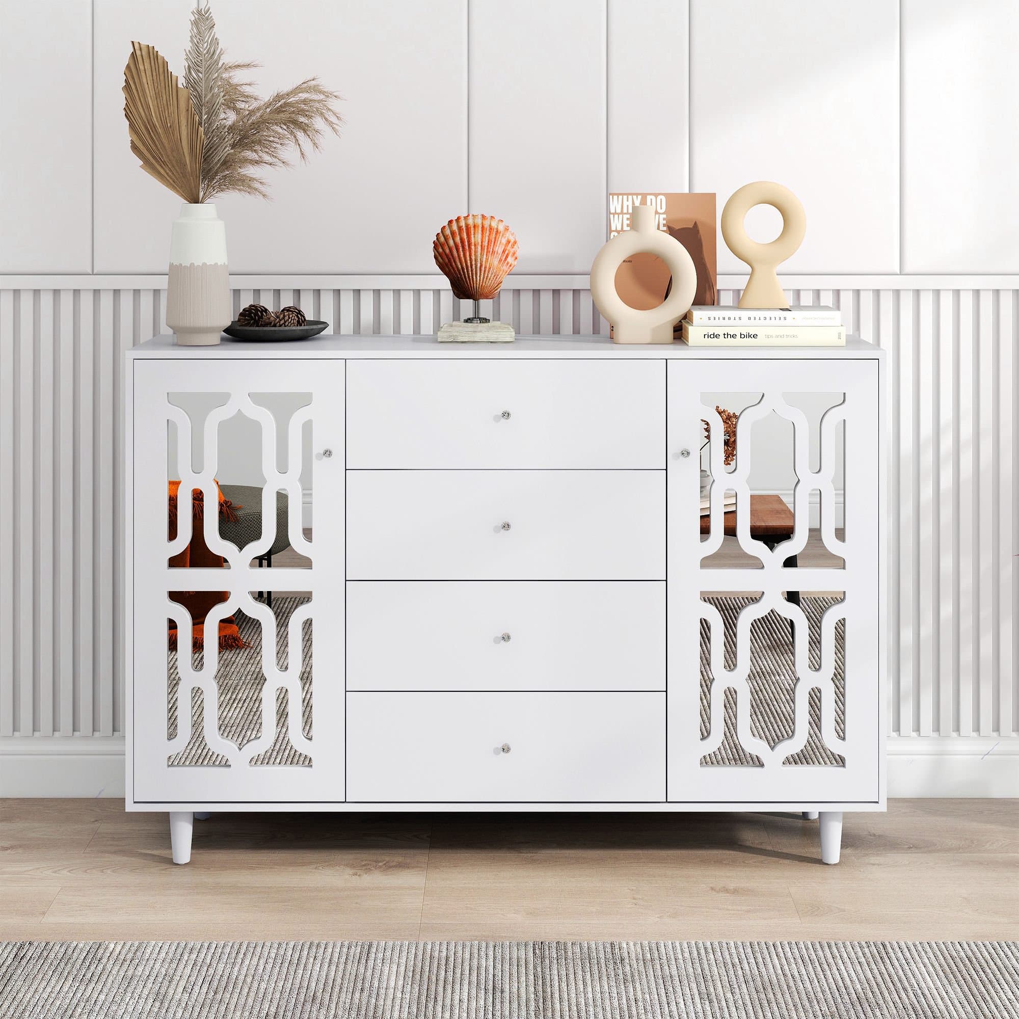 Crédence cuisine miroitée, Buffet moderne avec Poignées en Cristal, Design Coordonné, Verre Intégré, MDF, 147,5x40x102 cm, Blanc Aosom France