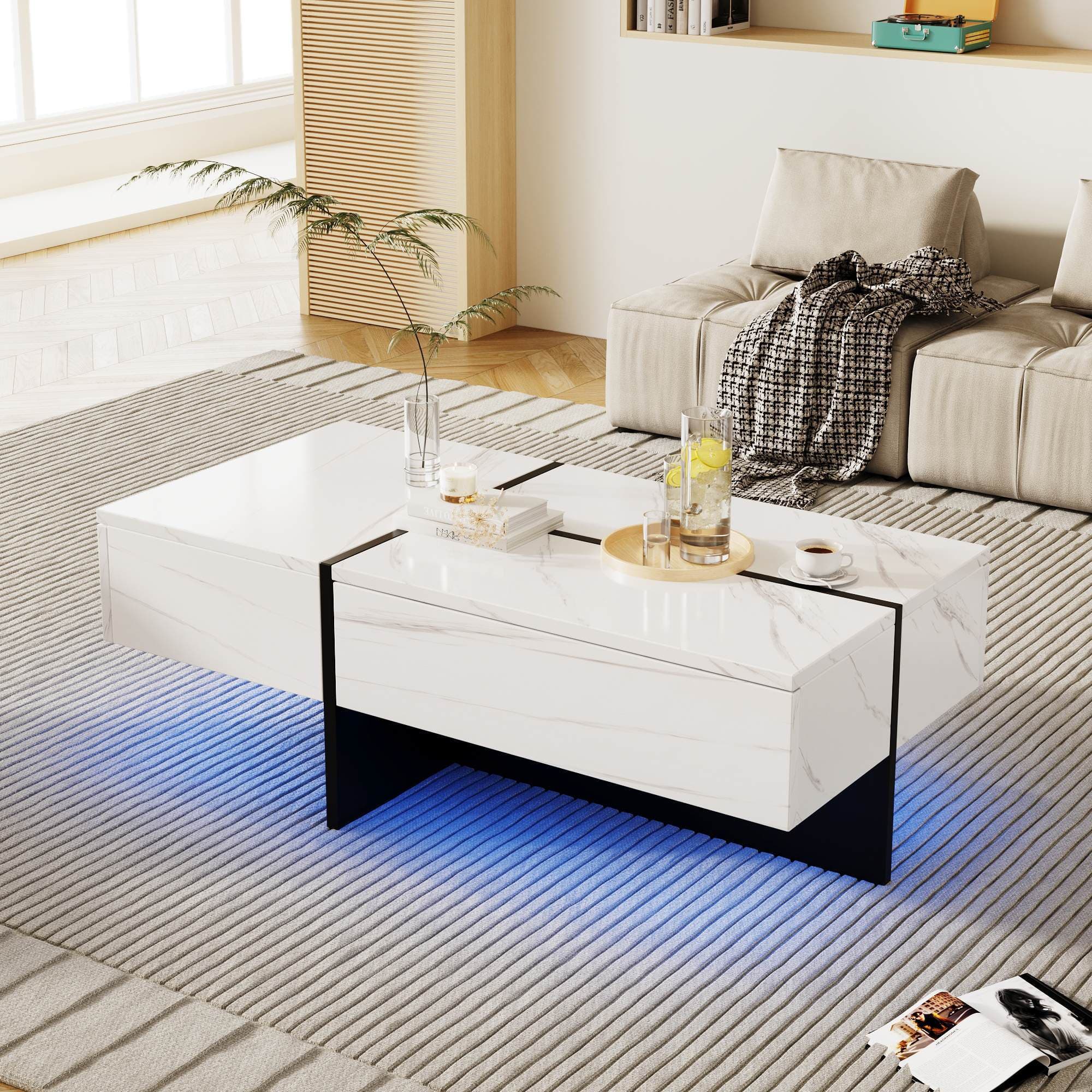 Table basse effet marbre avec système d'éclairage LED contrôlé par application, Blanc Aosom France
