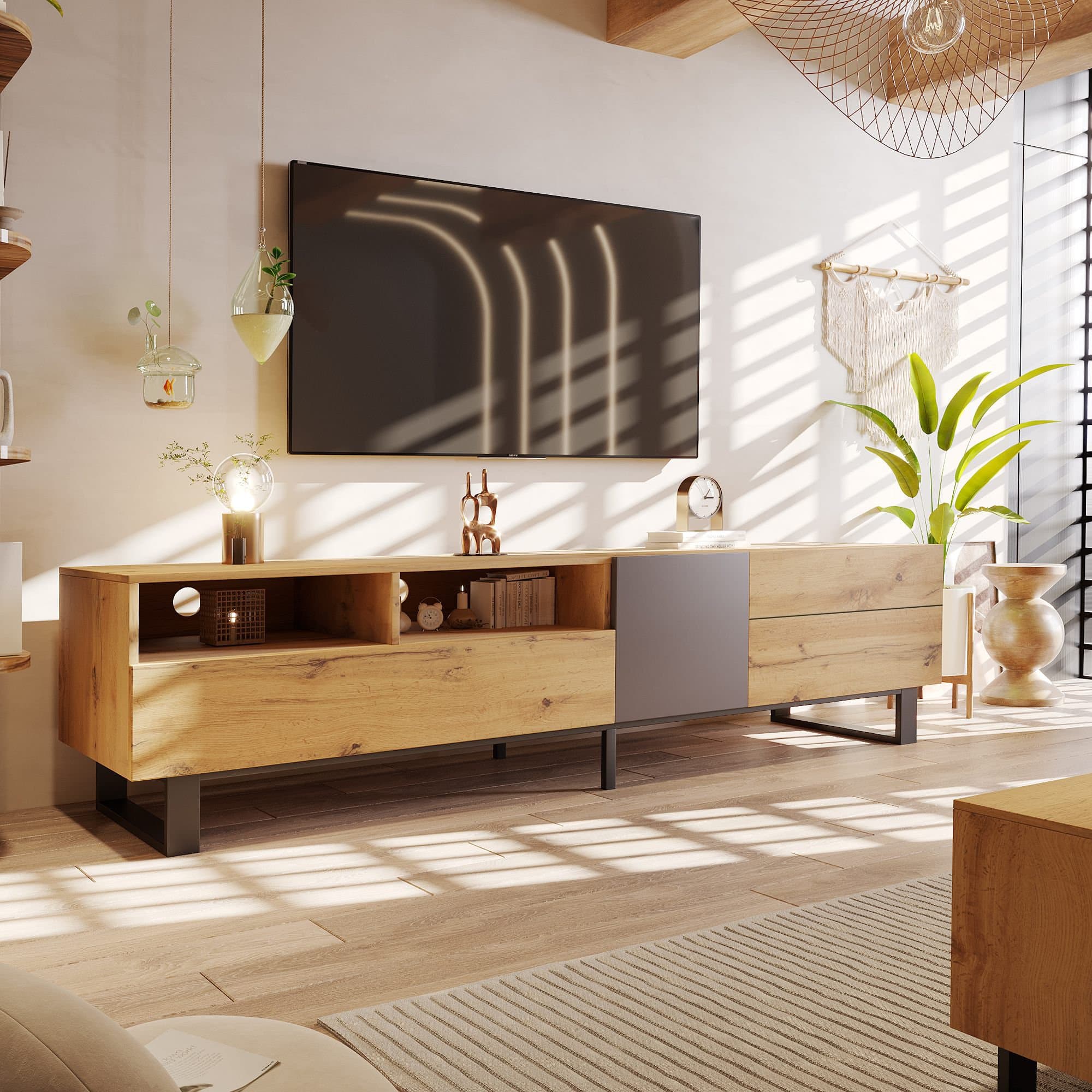 Meuble TV moderne scandinave avec veinures de bois et surface brillante, chêne + anthracite, Noir