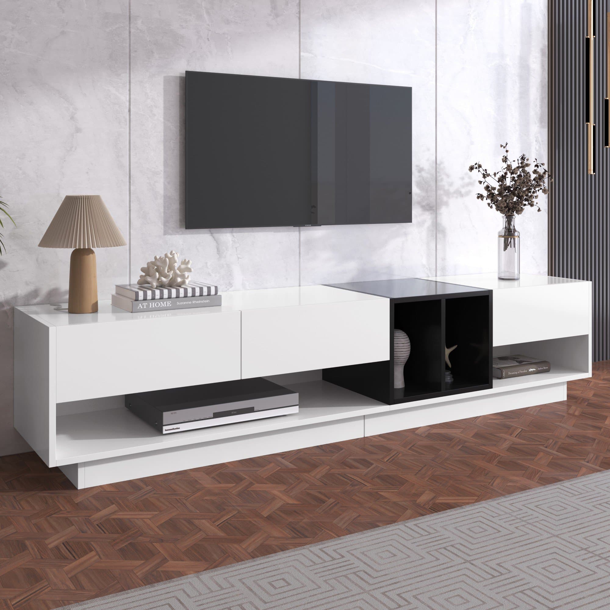 Combinaison de meuble TV mobile, design à blocs, tiroirs, étagères, divers espaces de rangement, Blanc
