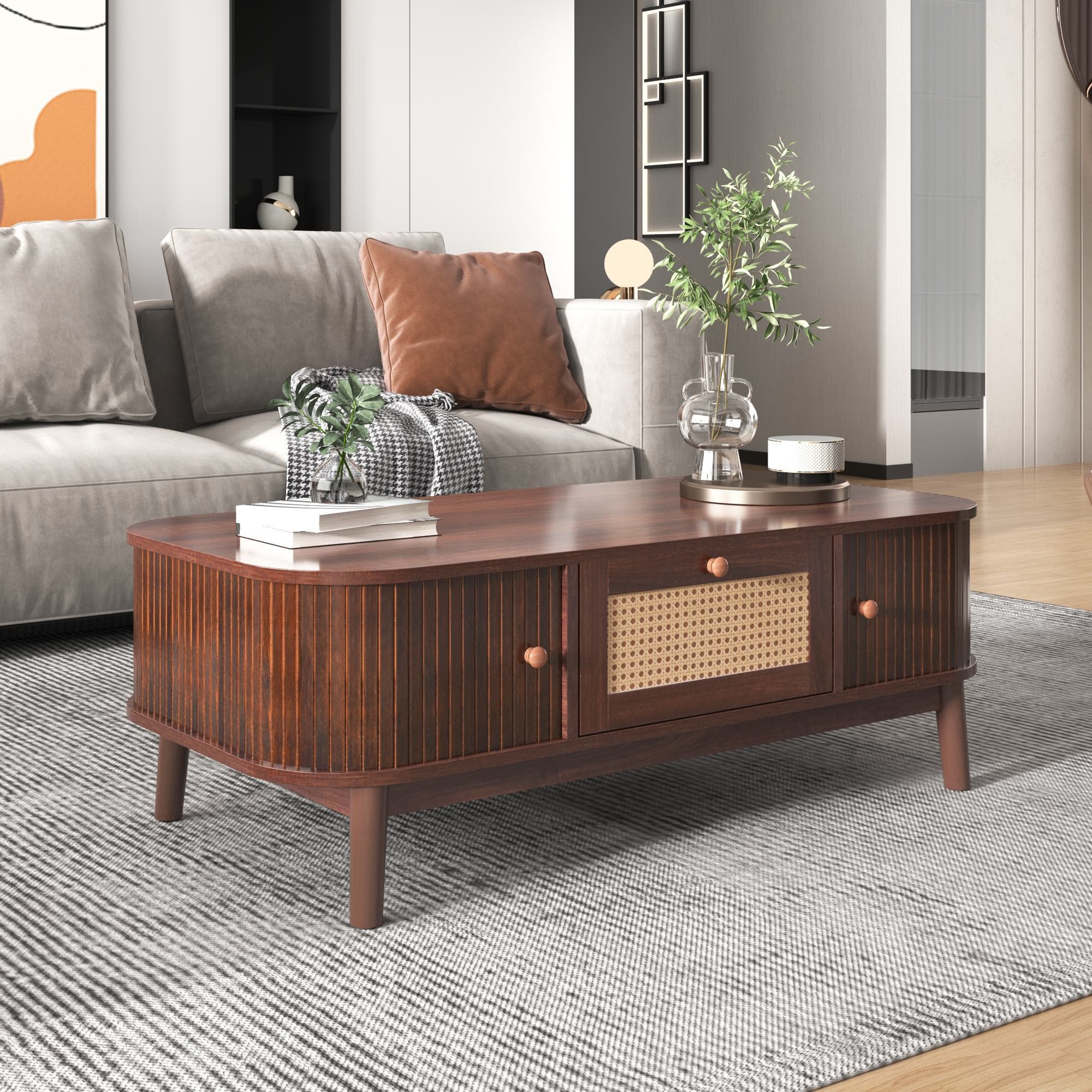 Table basse en rotin avec tiroirs et portes en lattes de bois massif en solde, Naturel