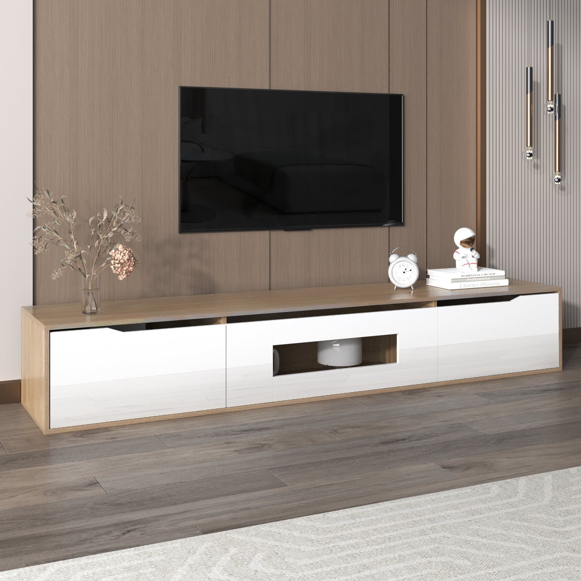 Meuble TV scandinave moderne en bois avec éclairage LED, 180x35x30 cm, Blanc
