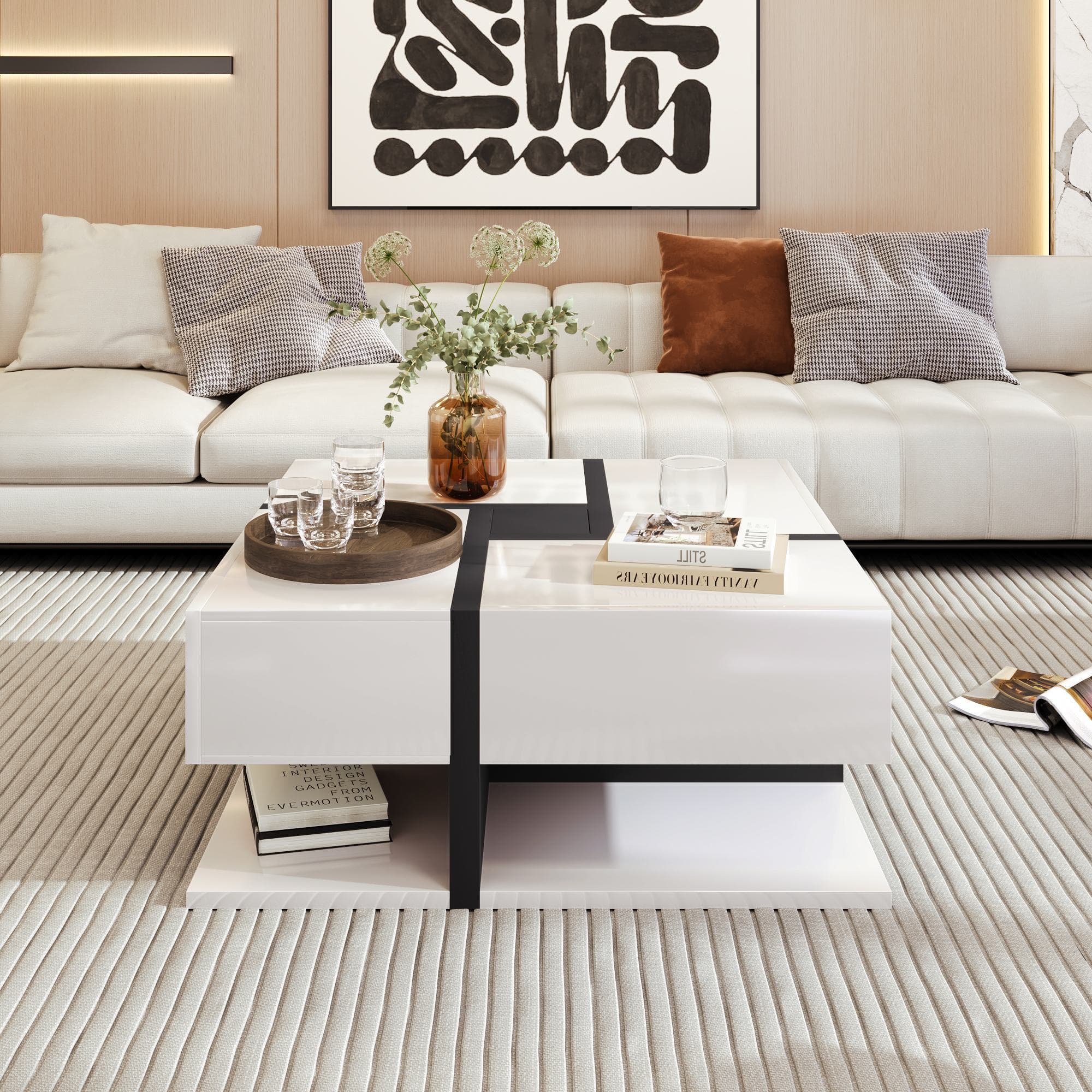 Table basse carrée avec plateau relevable, 4 tiroirs et espace de rangement inférieur, design unique de lignes, Blanc
