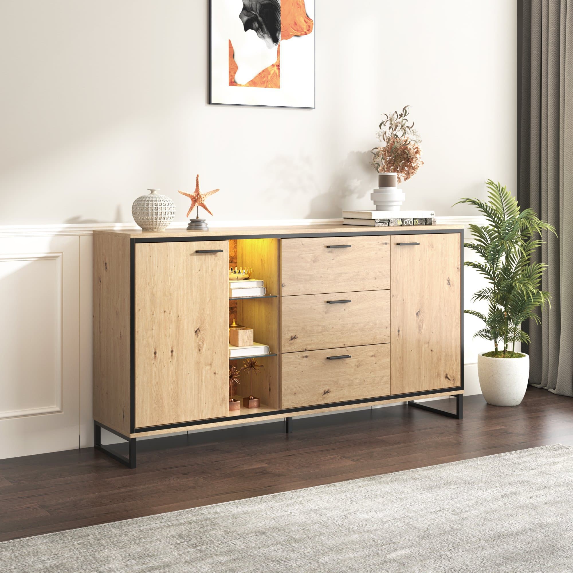 Crédence en bois, Buffet moderne, Commode avec 3 tiroirs, deux portes et étagères, Naturel Aosom France