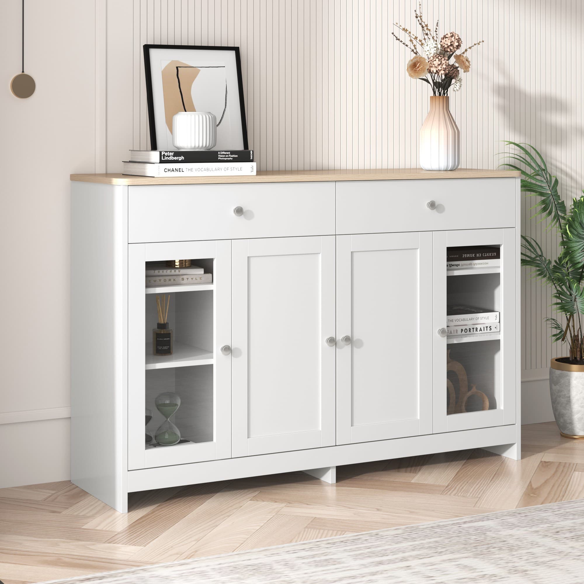 Buffet campagnard, Crédence cuisine avec 4 portes et 2 tiroirs, pour le salon et la salle à manger, 120 x 37 x 80 cm, Naturel + Blanc Aosom France