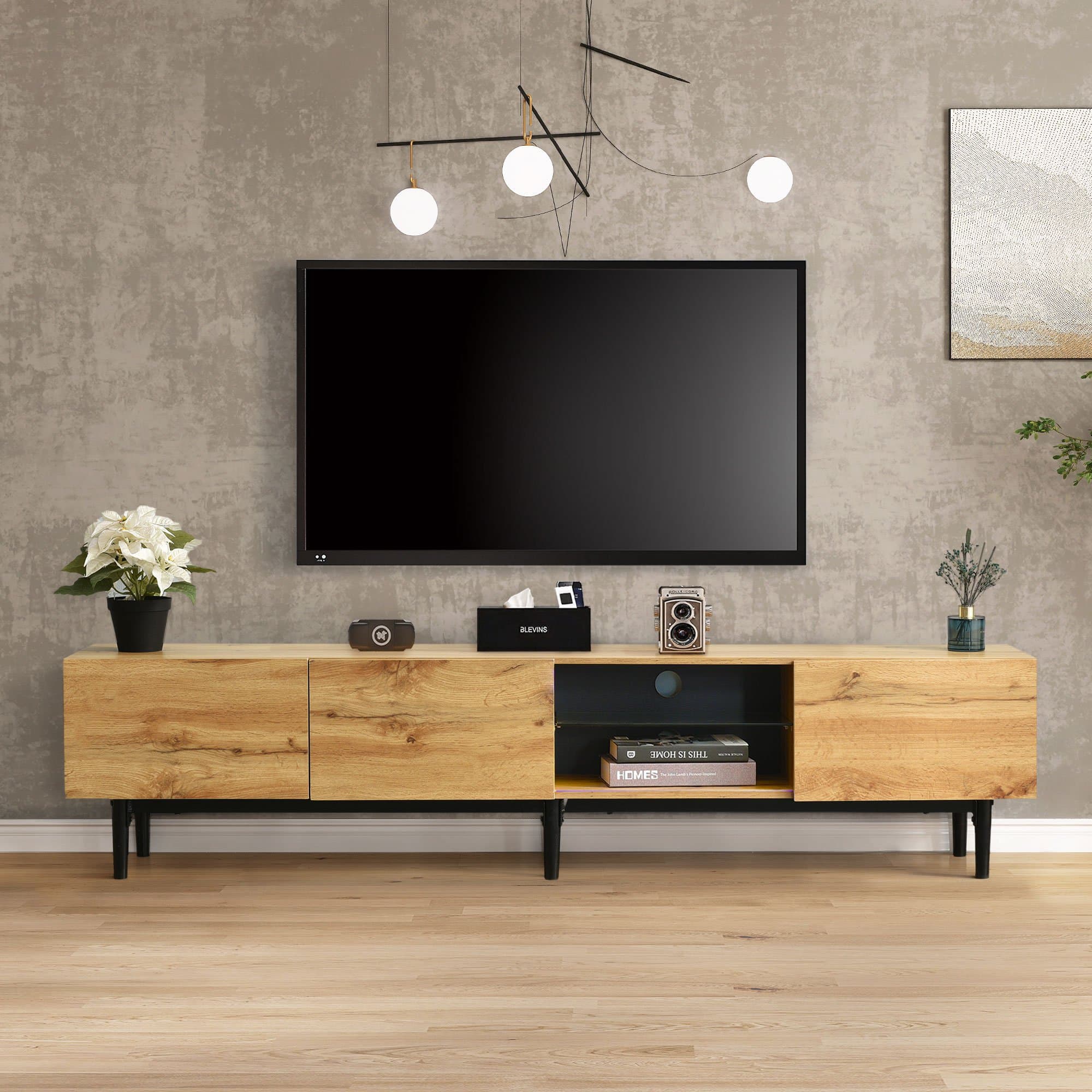 Meuble TV moderne avec veinure du bois, lumières LED variables, design minimaliste - MDF résistant, capacité de 50 kg - 175x31x41 cm, Chêne Clair