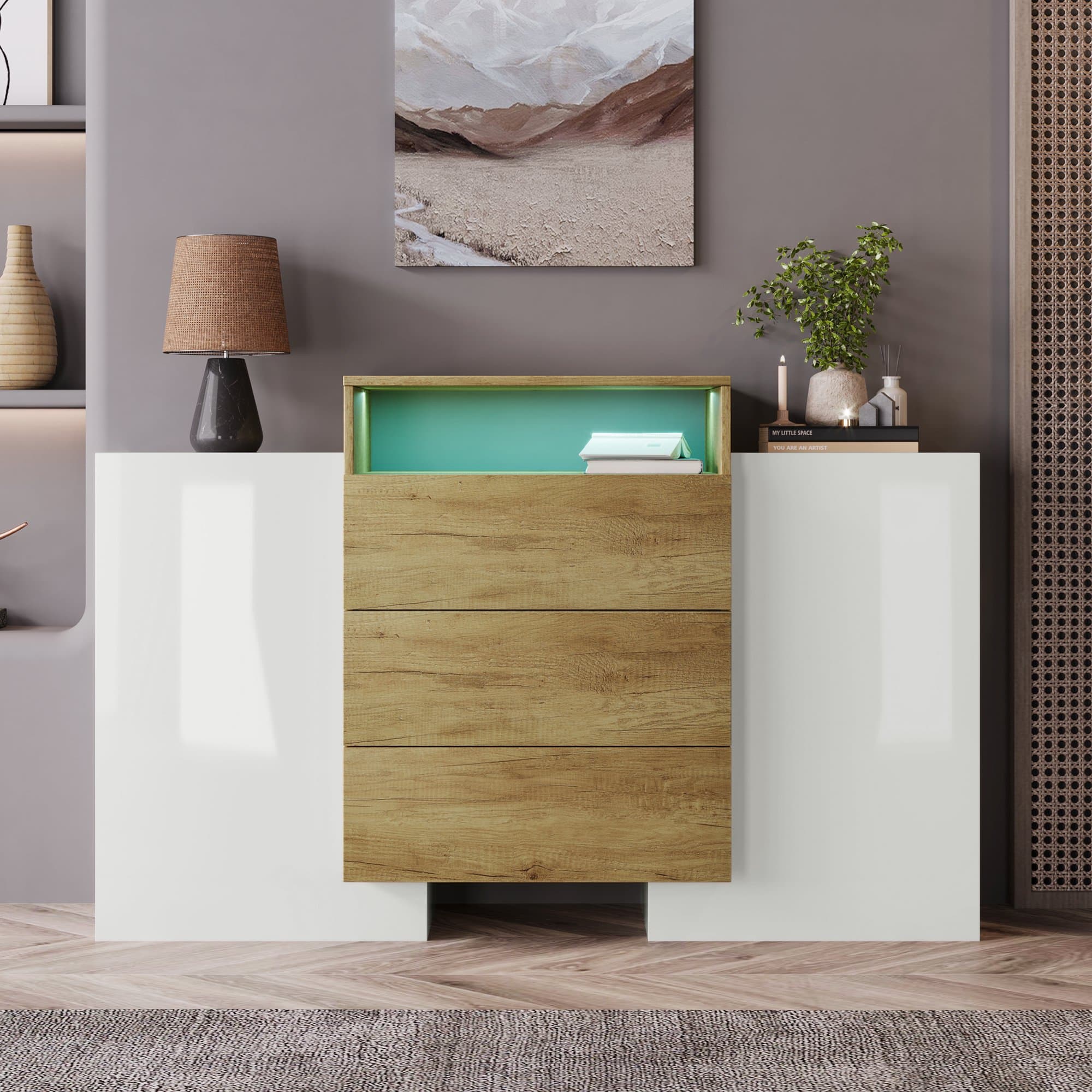 Crédence cuisine, Buffet Moderne 140 cm avec LED Multicolore, Naturel Aosom France