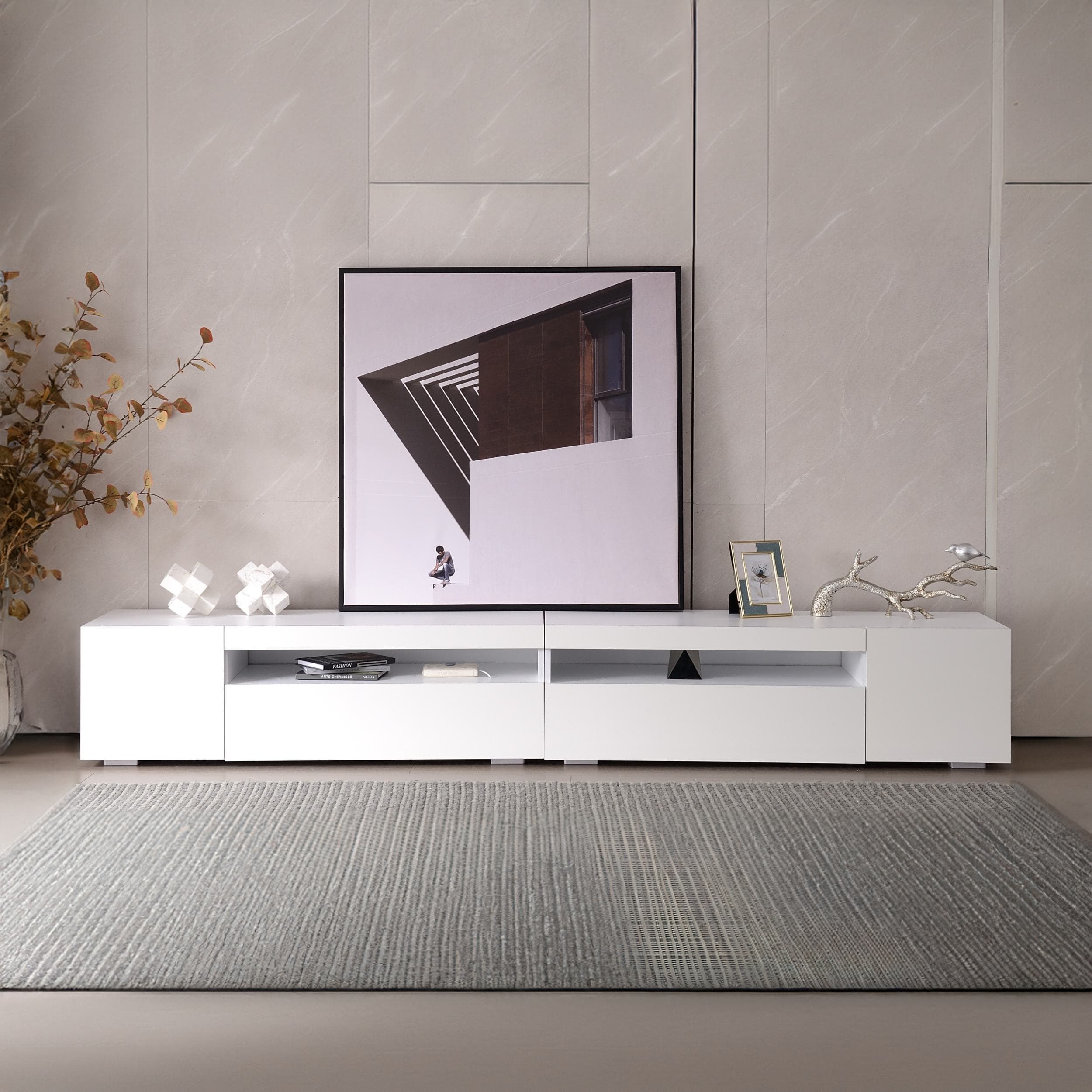 Meuble TV scandinave moderne, panneau lumineux, éclairage LED variable, pour salon et salle à manger 240 cm, Blanc