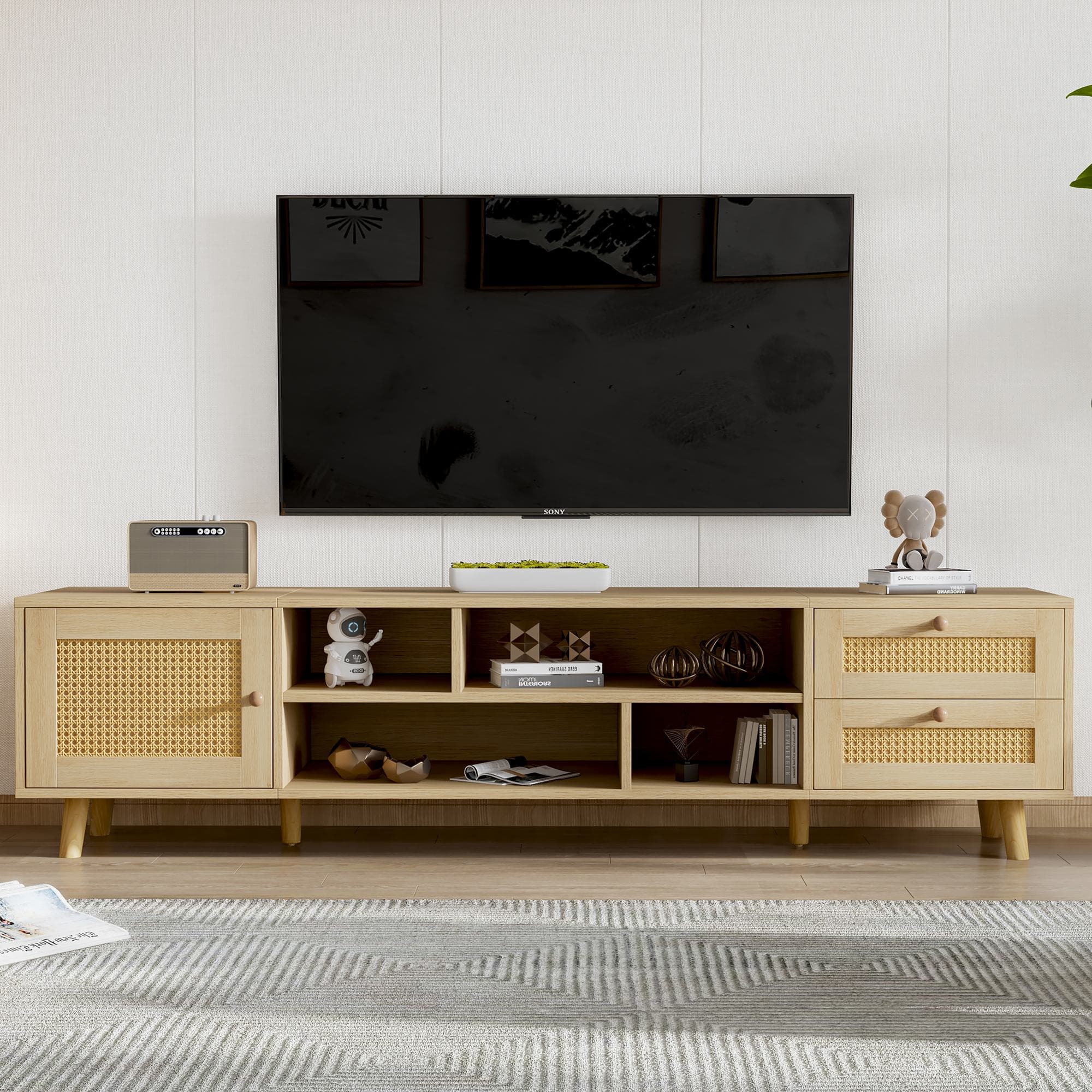 Meuble TV scandinave pour téléviseurs jusqu'à 70 pouces avec gestion des câbles, 2 tiroirs et une porte, Naturel