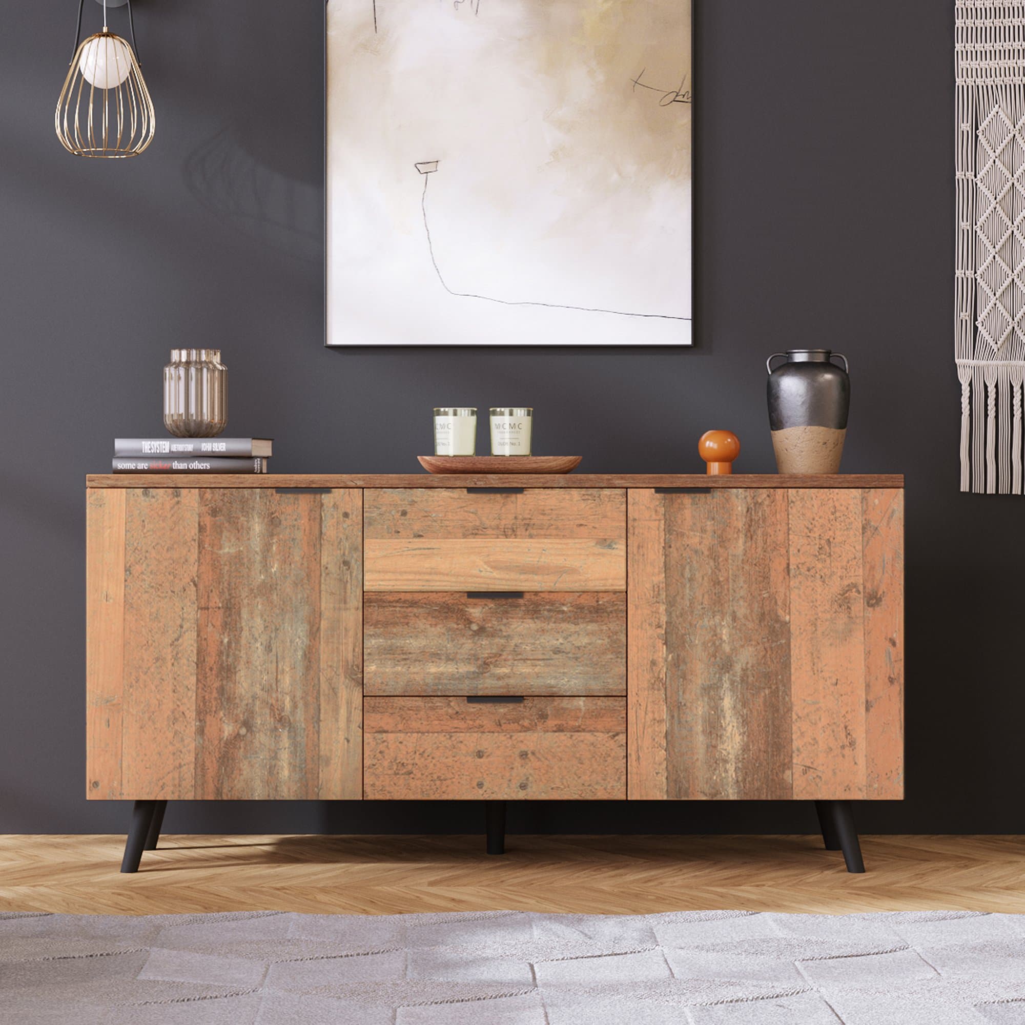 Buffet Vintage Scandinave Crédence cuisine bois avec 3 Tiroirs et Étagères Réglables pour Salon et Salle à Manger, Brun antique Aosom France