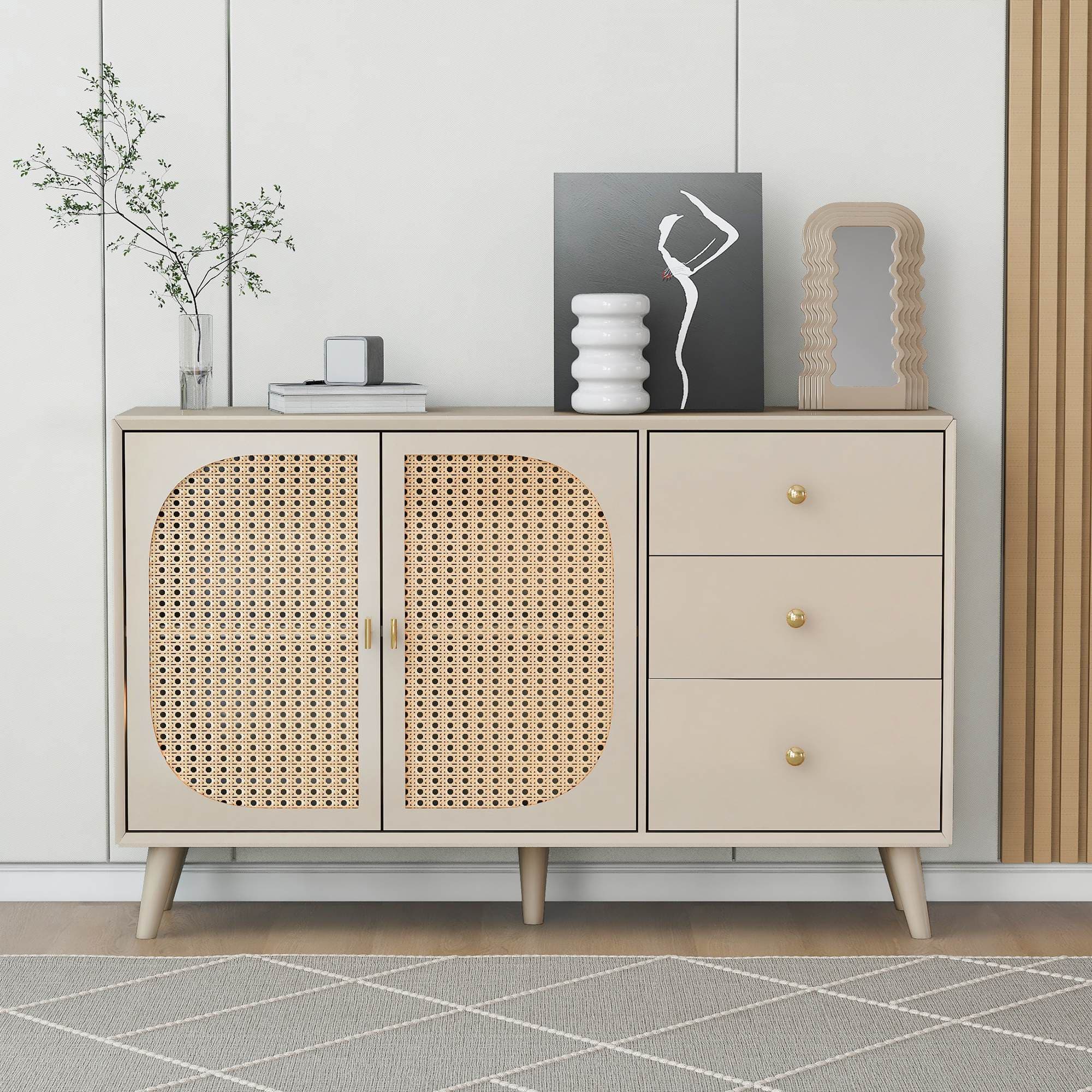 Buffet bas moderne pour salon Buffet pour cuisine Buffet rotin avec 2 portes et 3 tiroirs, polyvalent et spacieux, Blanc Aosom France