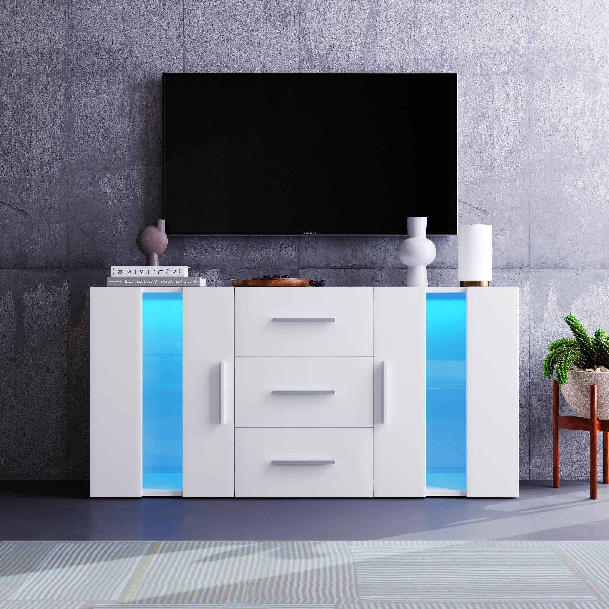 Buffet moderne, Commode 3 tiroirs avec lumières LED multicolores, 2 placards, 140 cm - Meuble TV Suspendu, Blanc Aosom France