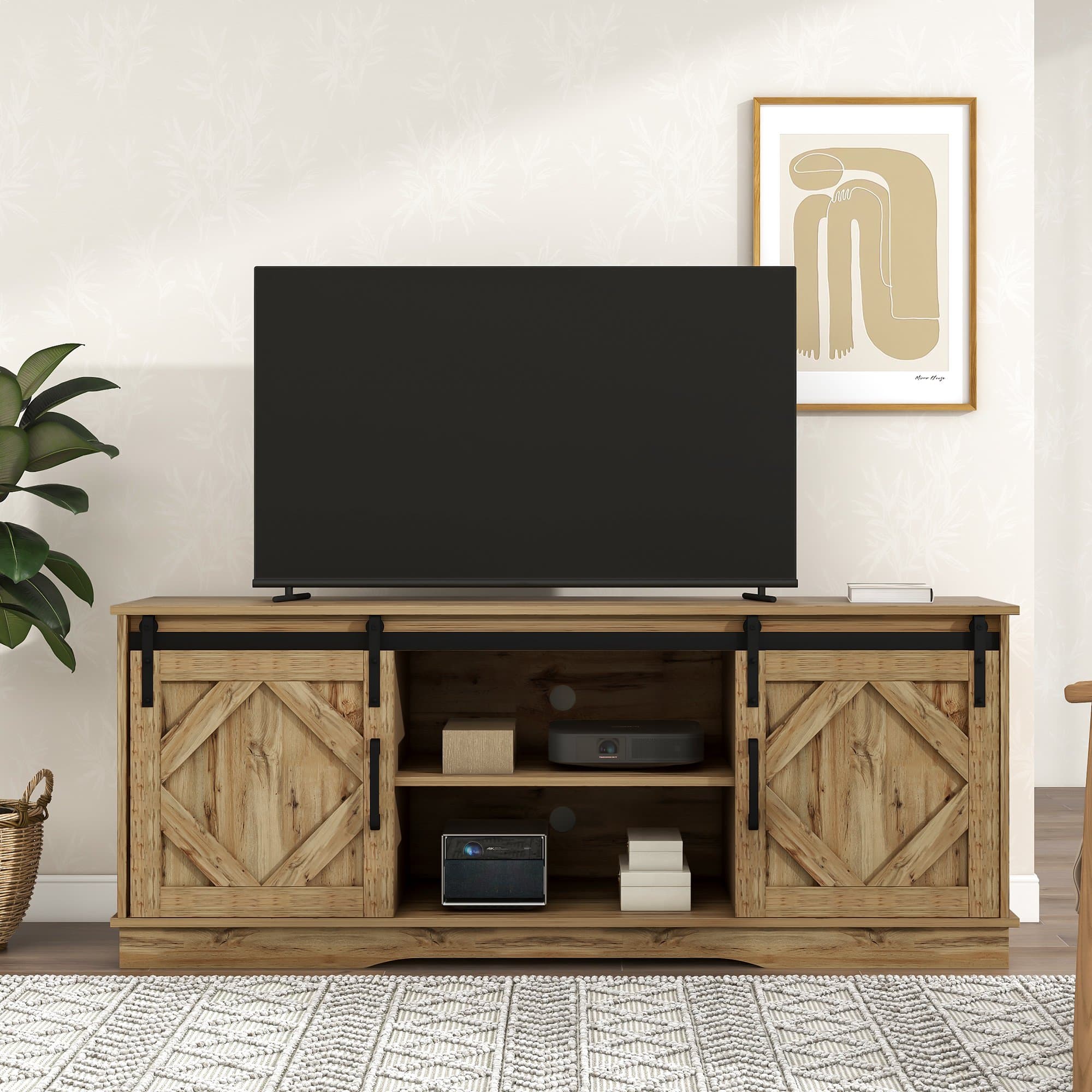 Meuble TV pour télévision jusqu'à 65 pouces style rustique avec portes coulissantes et étagères réglables pour salon, 150L x 40l x 60H cm, Marron