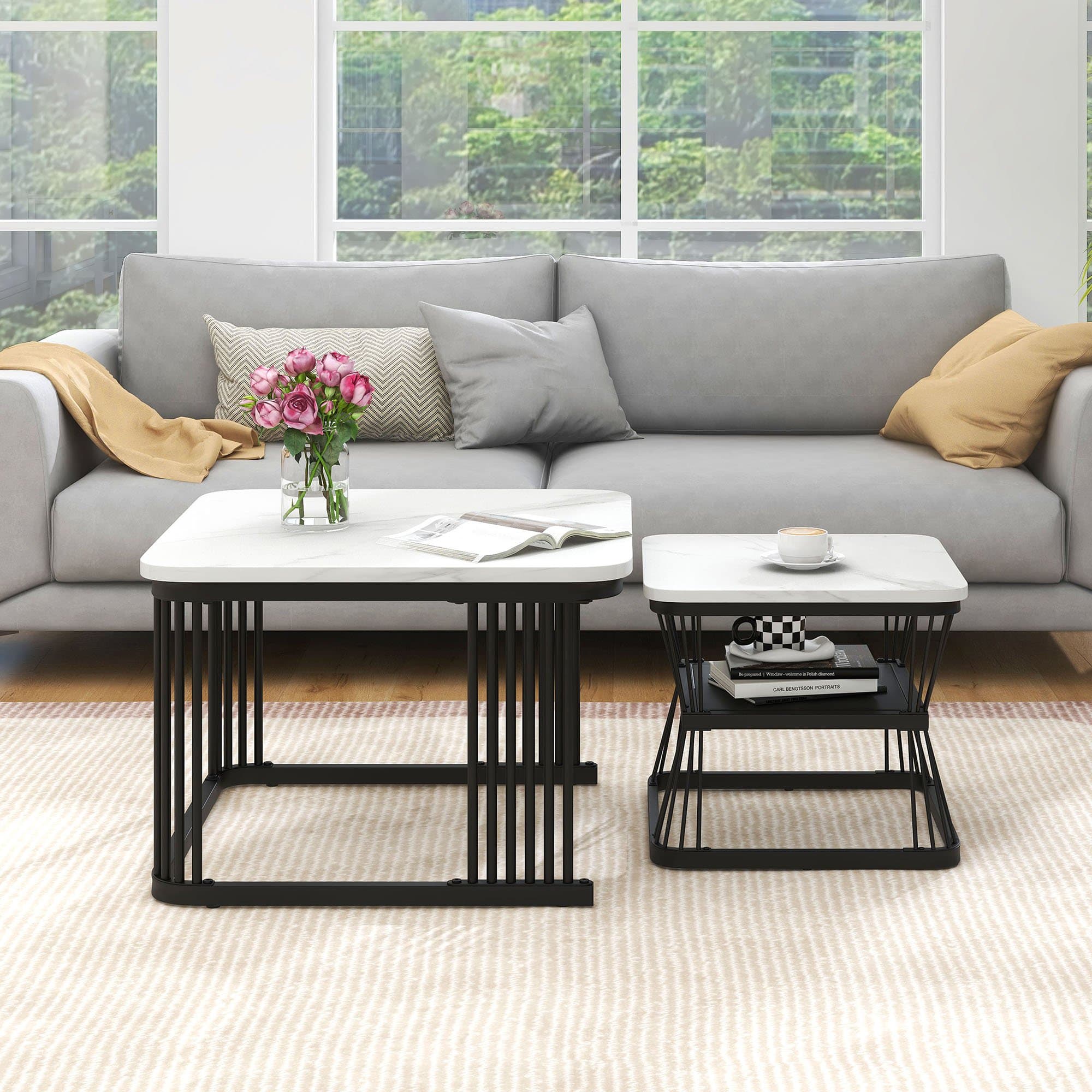 Ensemble de 2 tables basses gigognes modernes effet marbre avec structure en acier, Blanc
