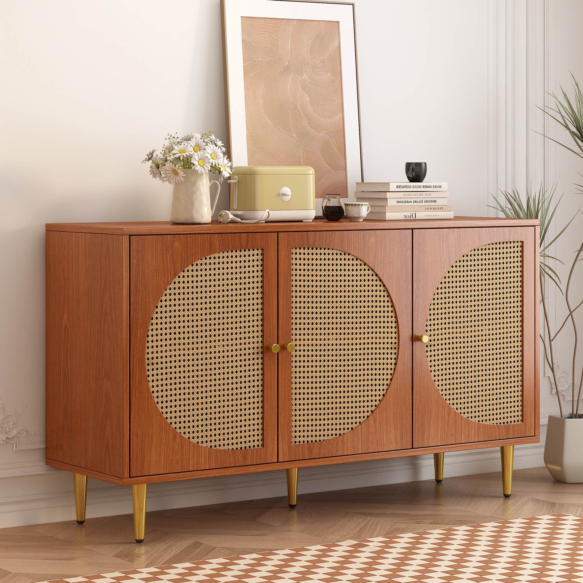 Buffet moderne avec 3 portes aspect cannage, poignées en métal, Crédence cuisine, meuble d'entrée de rangement, Couleur noyer Aosom France