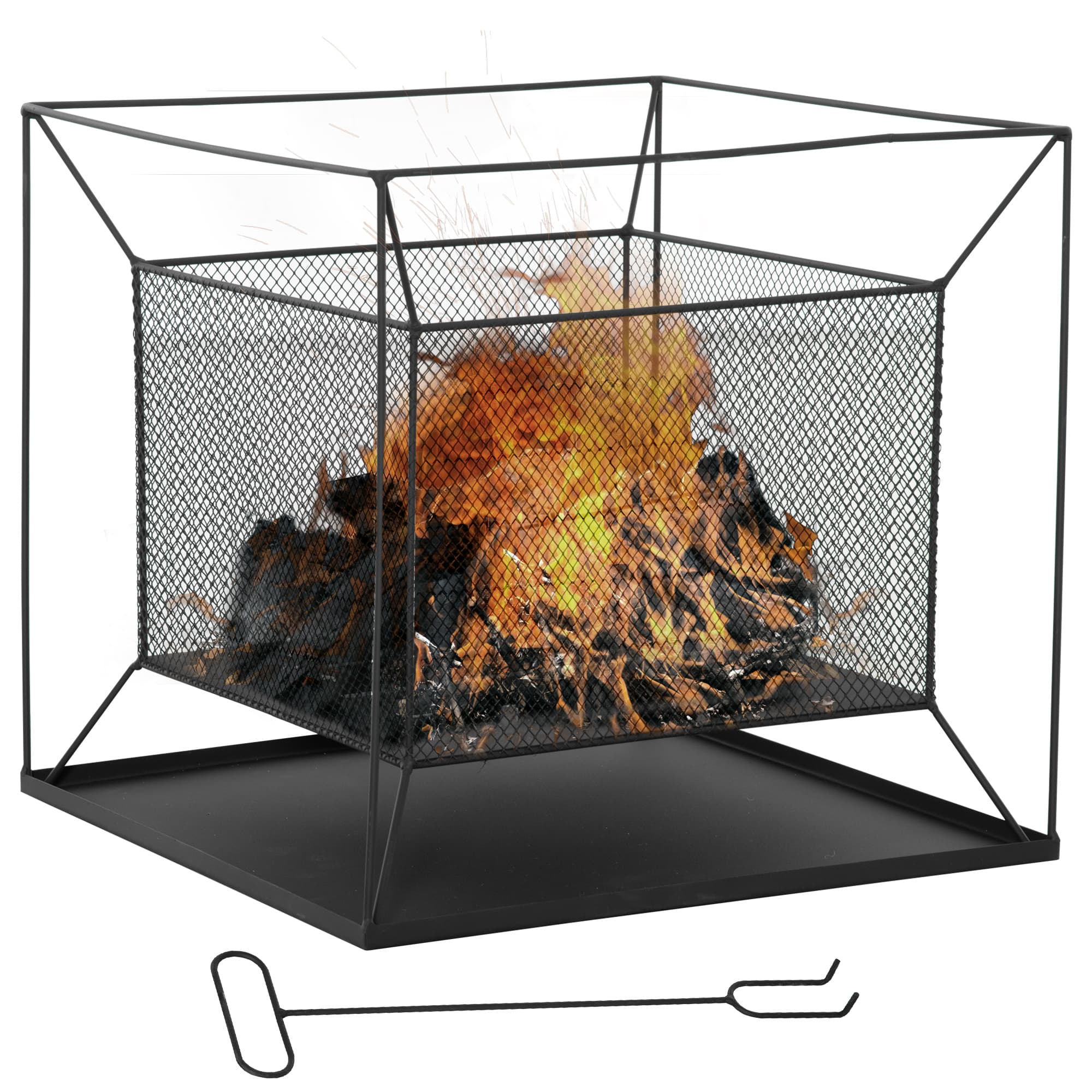 Outsunny Brasero cheminée foyer extérieur carré avec tisonnier métal dim. 45L x 45l x 43H cm noir-AOSOM.fr
