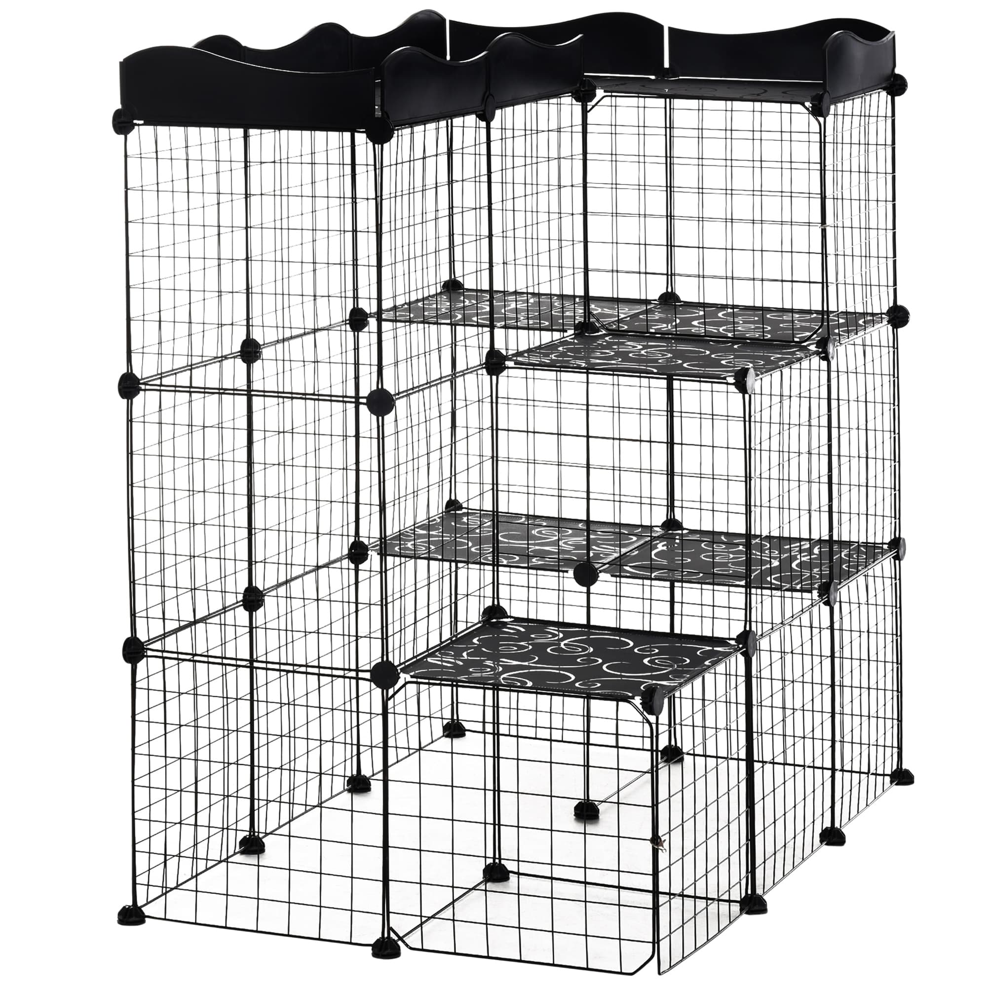 PawHut Lot de 2 cages parc enclos pour petits animaux chats visons modulable 3 niveaux 2 portes rampe fil métallique noir