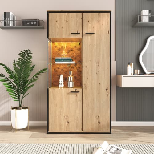 Vitrine moderne avec éclairage LED, étagères polyvalentes, grand espace de rangement, plateau en verre, Bois naturel