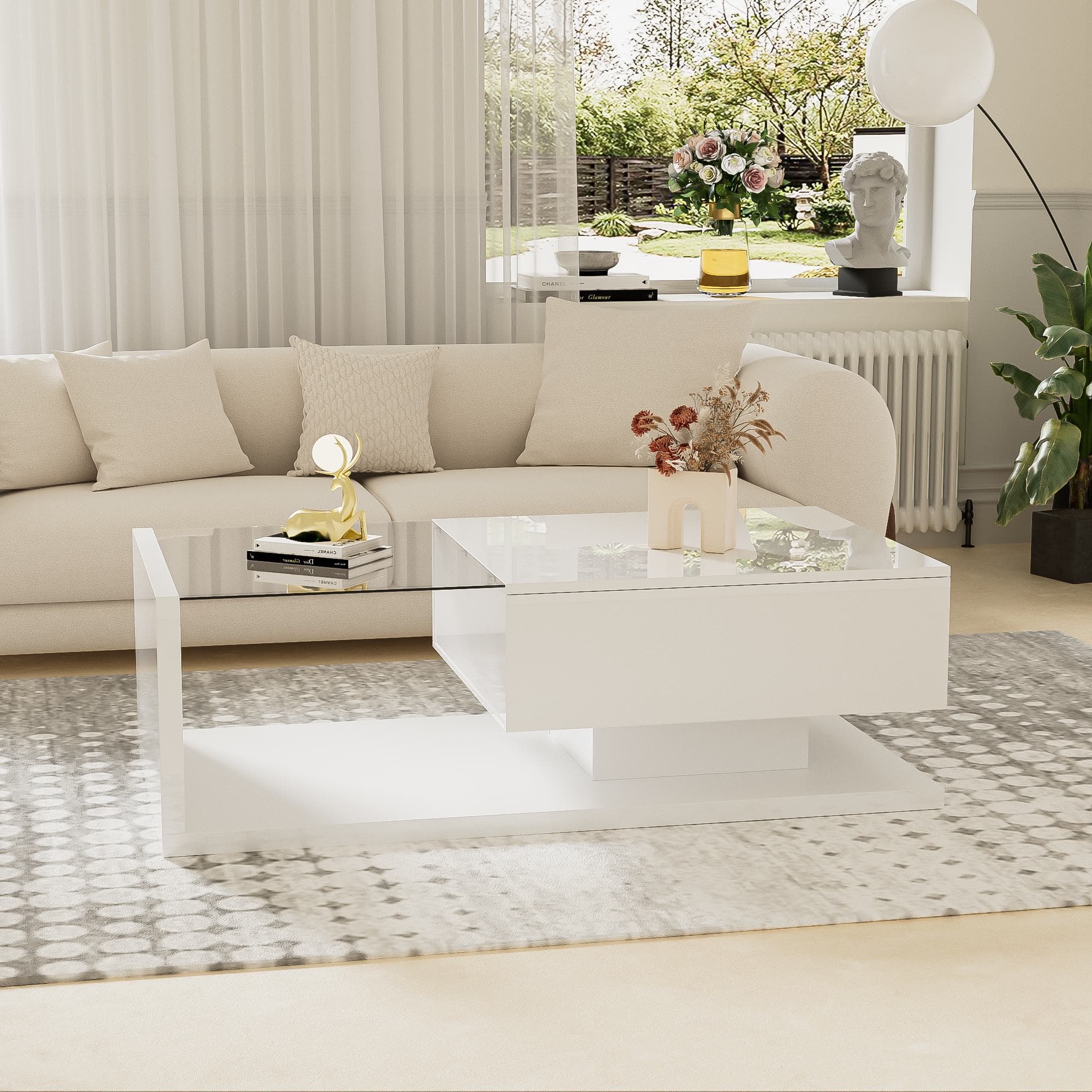 Table basse moderne avec étagère en verre et effets LED, 105x55x32,5 cm, Blanc