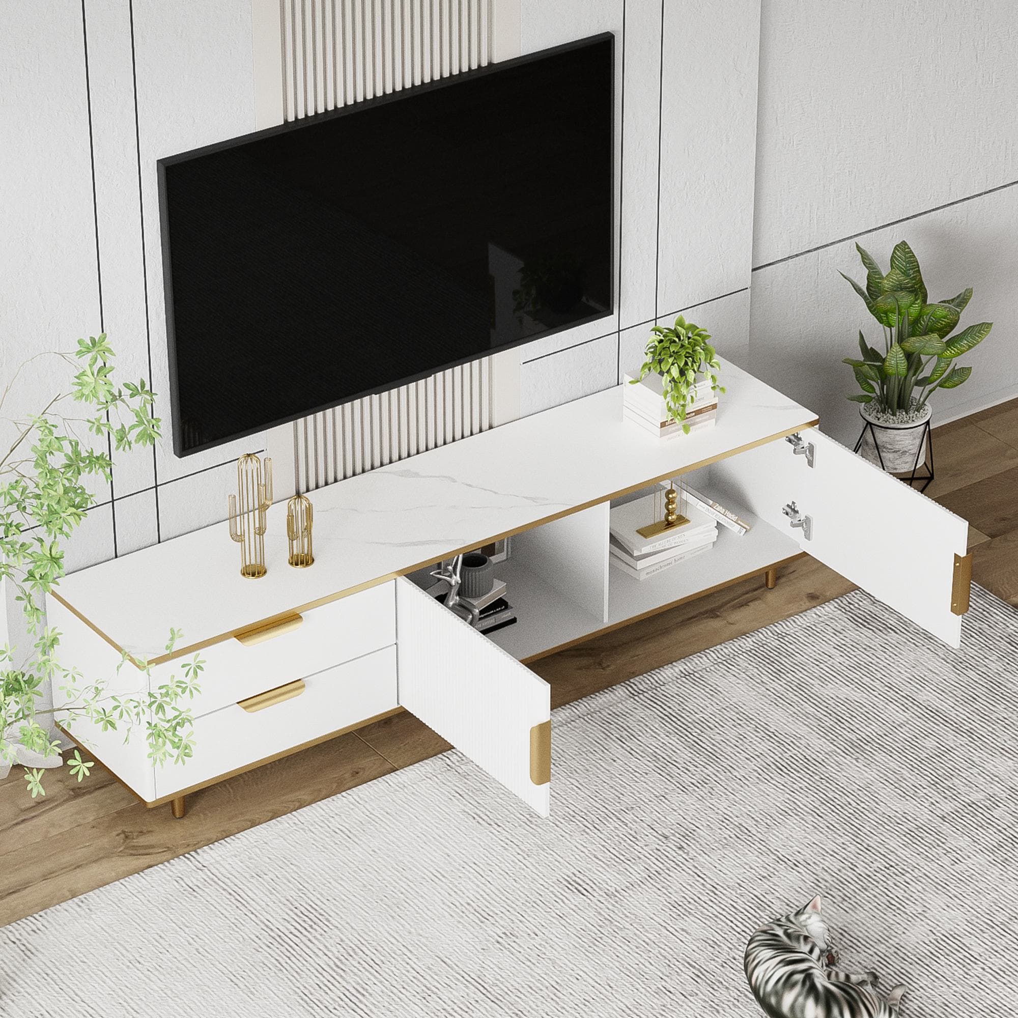 Meuble TV Bas avec Texture Sculptée, Poignées et Pieds Dorés, Structure Effet Marbre pour Salon, 175x40x45 cm - Style Scandinave, Blanc