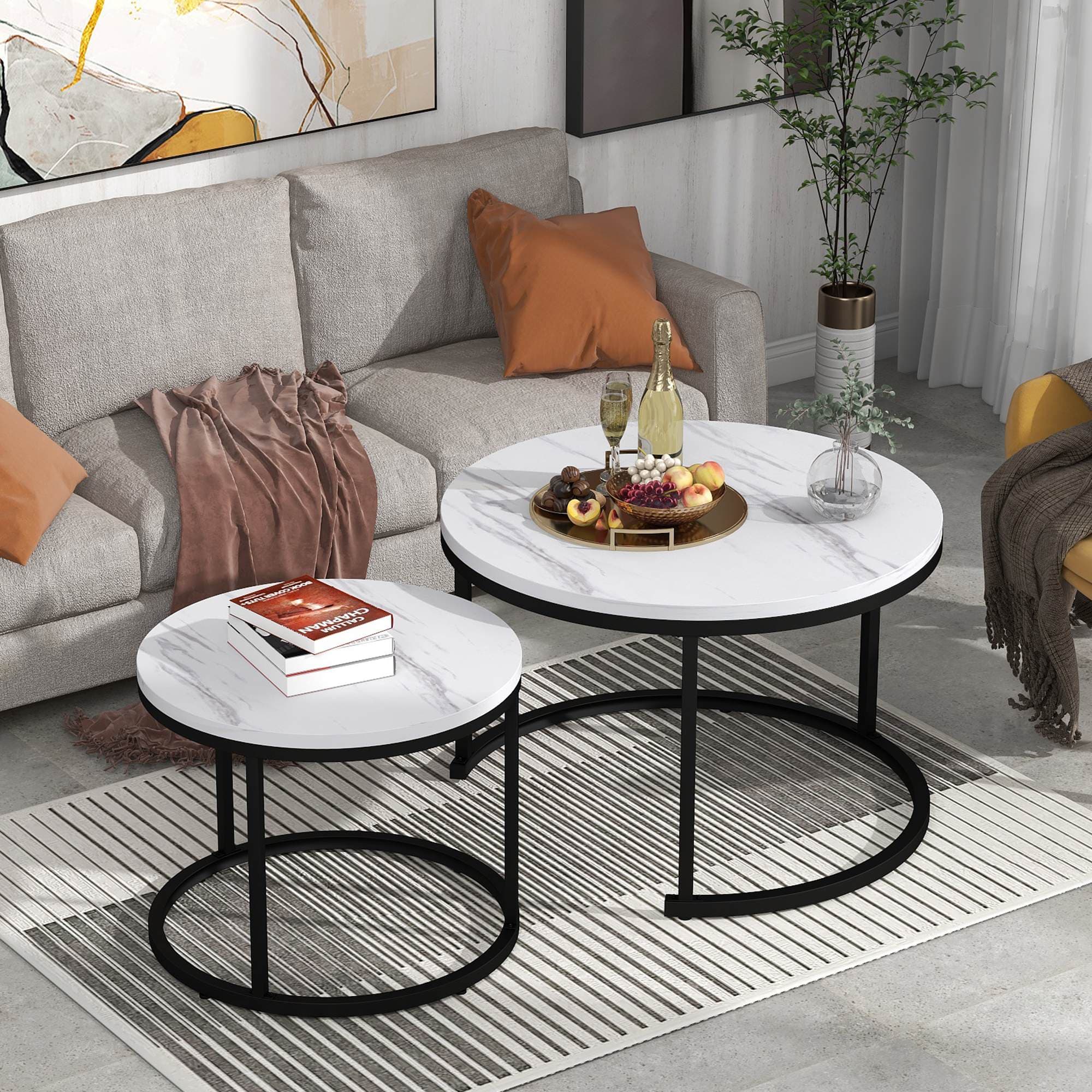 Lot de 2 tables basses gigognes, Tables rondes empilables, MDF, structure métal, grande 71x71x50 cm, petite 46x46x44 cm, Marbre Aosom France