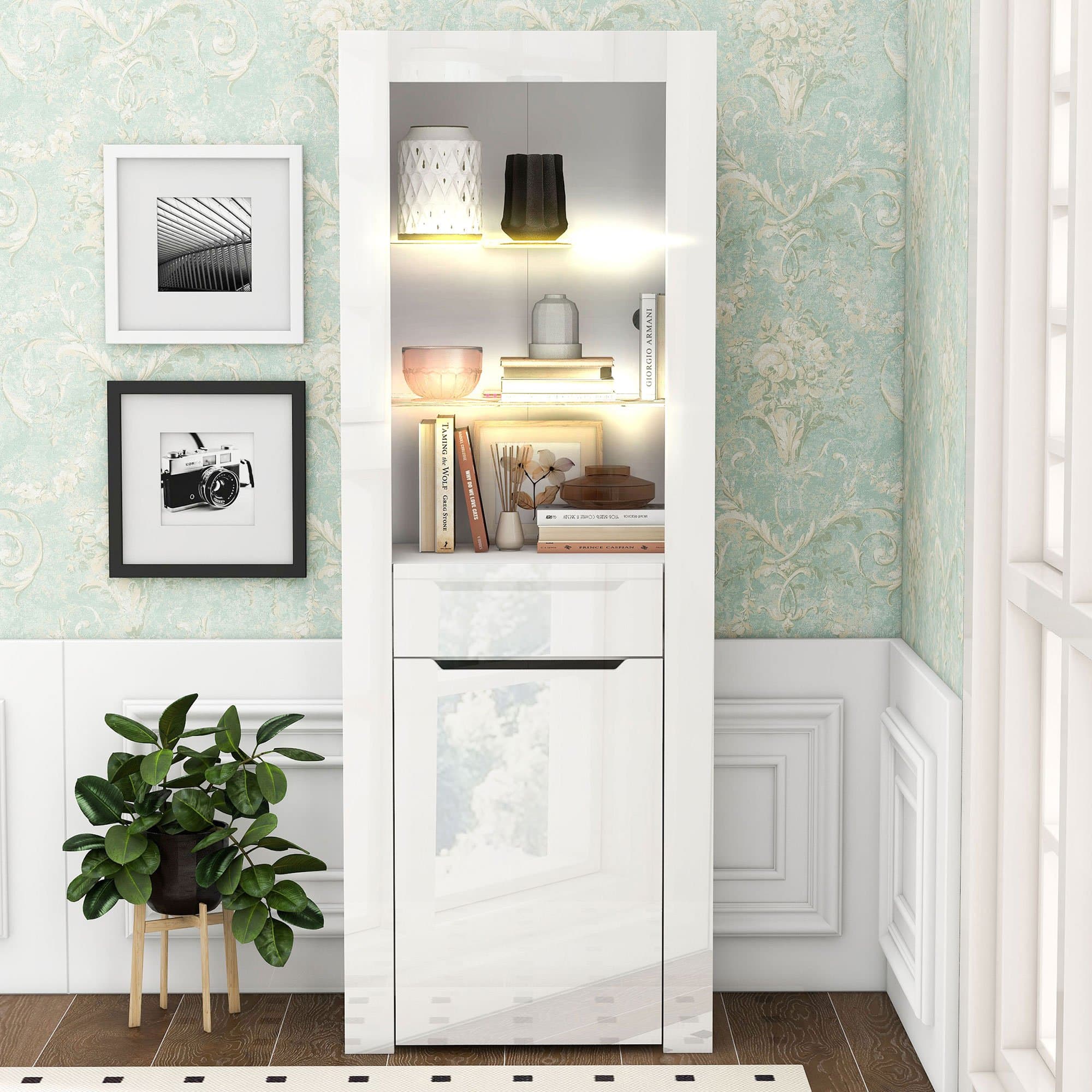 Vitrine Moderne avec Éclairage LED et Étagères, Idéale pour Cuisine, Salon et Bureau, en Aggloméré, 60x35,5x165 cm, Blanc