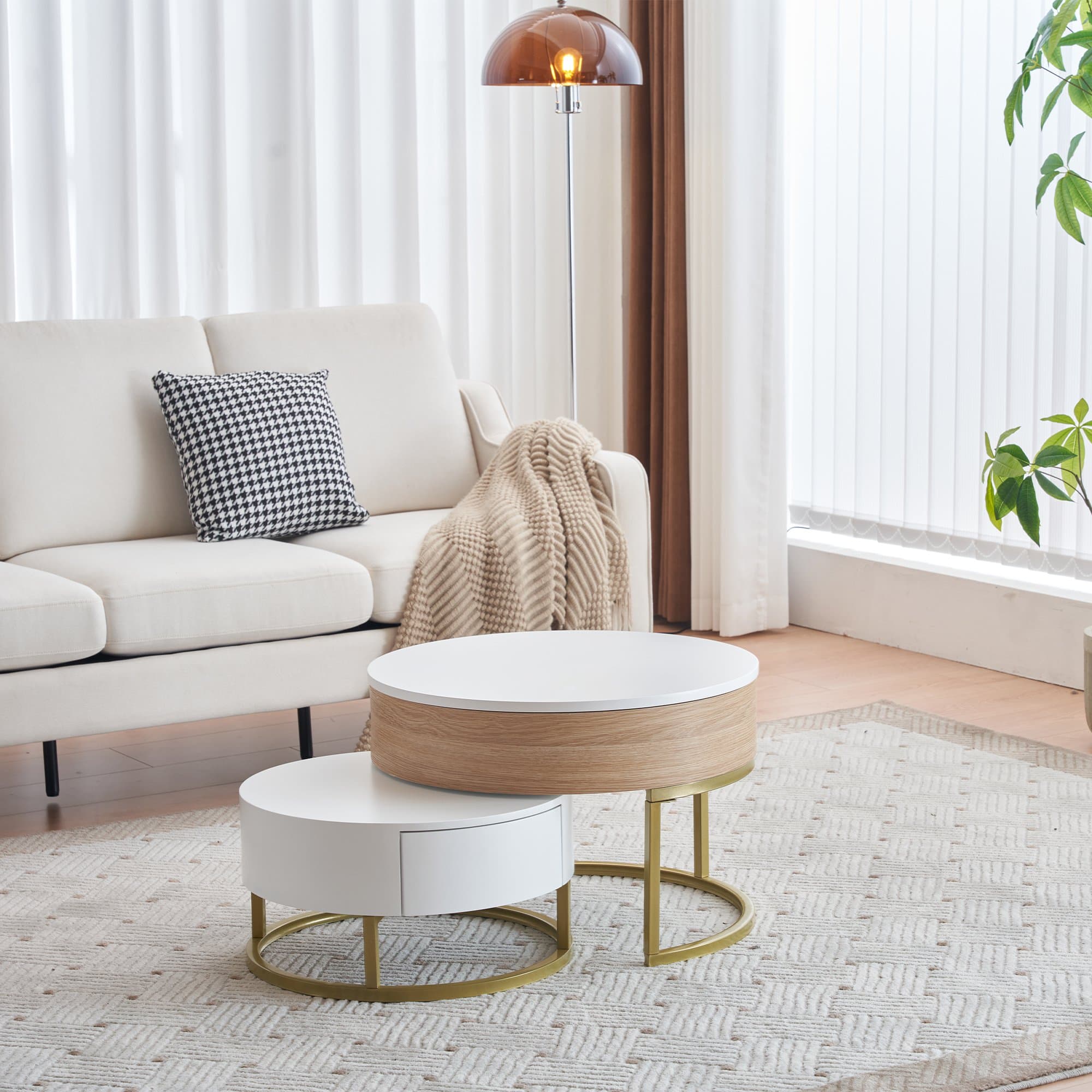 Ensemble de Tables Basses Relevables et Extensibles avec Deux Tiroirs, Design Élégant en MDF, 70x70x42/56,5 + 60x60x24 cm, Blanc